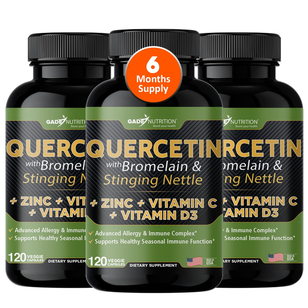GADE NUTRITION Quercetin 500mg with Vitamin C, Zinc & Stinging Nettle – 360 Veggie Caps, 6 Month Supply