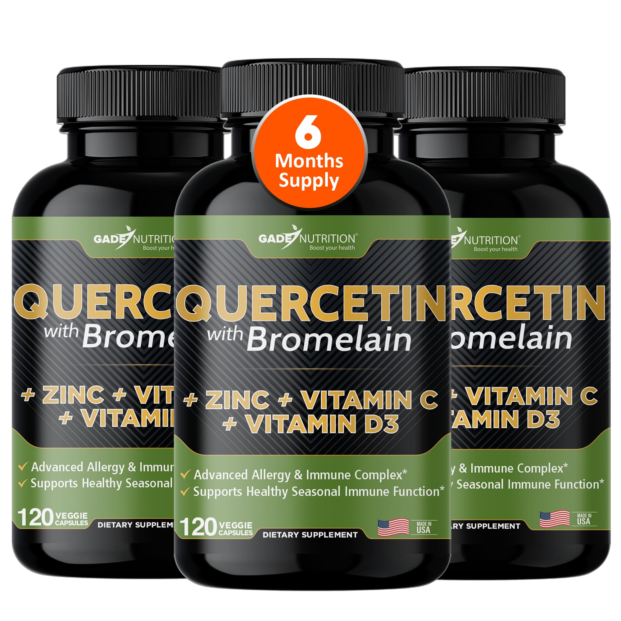 GADE NUTRITION Quercetin 500mg with Bromelain, Vitamin C & Zinc – Immune Support, Veggie Capsules, Non-GMO, Gluten-Free, Vegan – 6 Month Supply