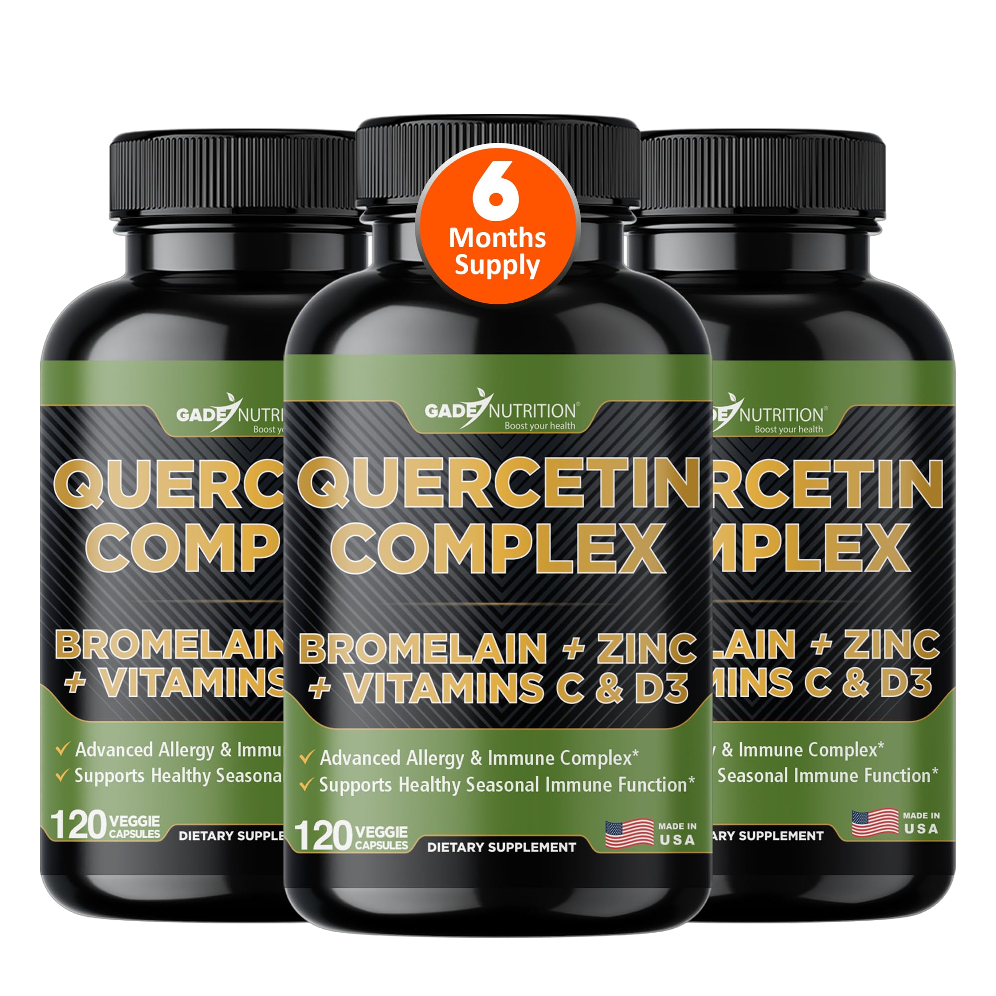 GADE NUTRITION Organic Quercetin 500mg with Bromelain, Vitamin C & Zinc | Immune Support Capsules | Made in USA, Third-Party Tested
