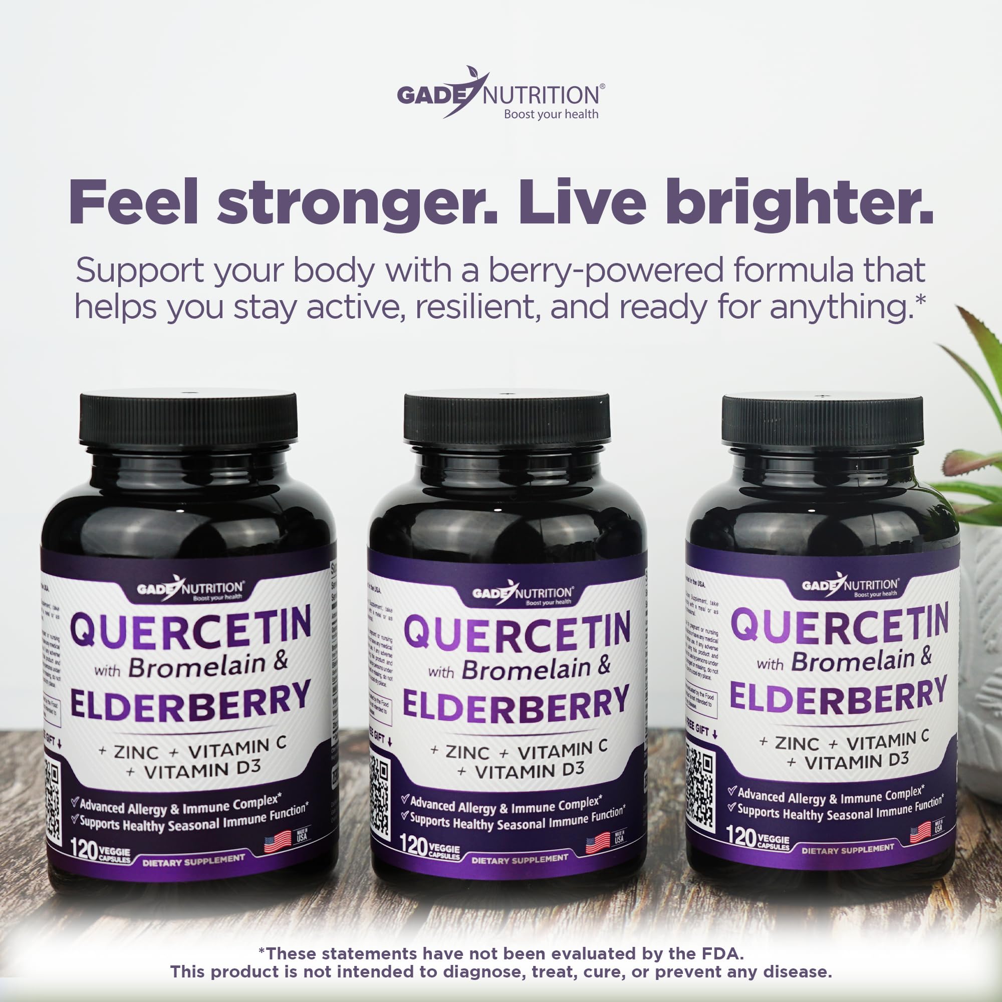 Gade Nutrition Quercetin with Bromelain, Vitamin C & Zinc, Vitamin D3, and Elderberry | Daily Immune Support Supplement - 4 Months Supply