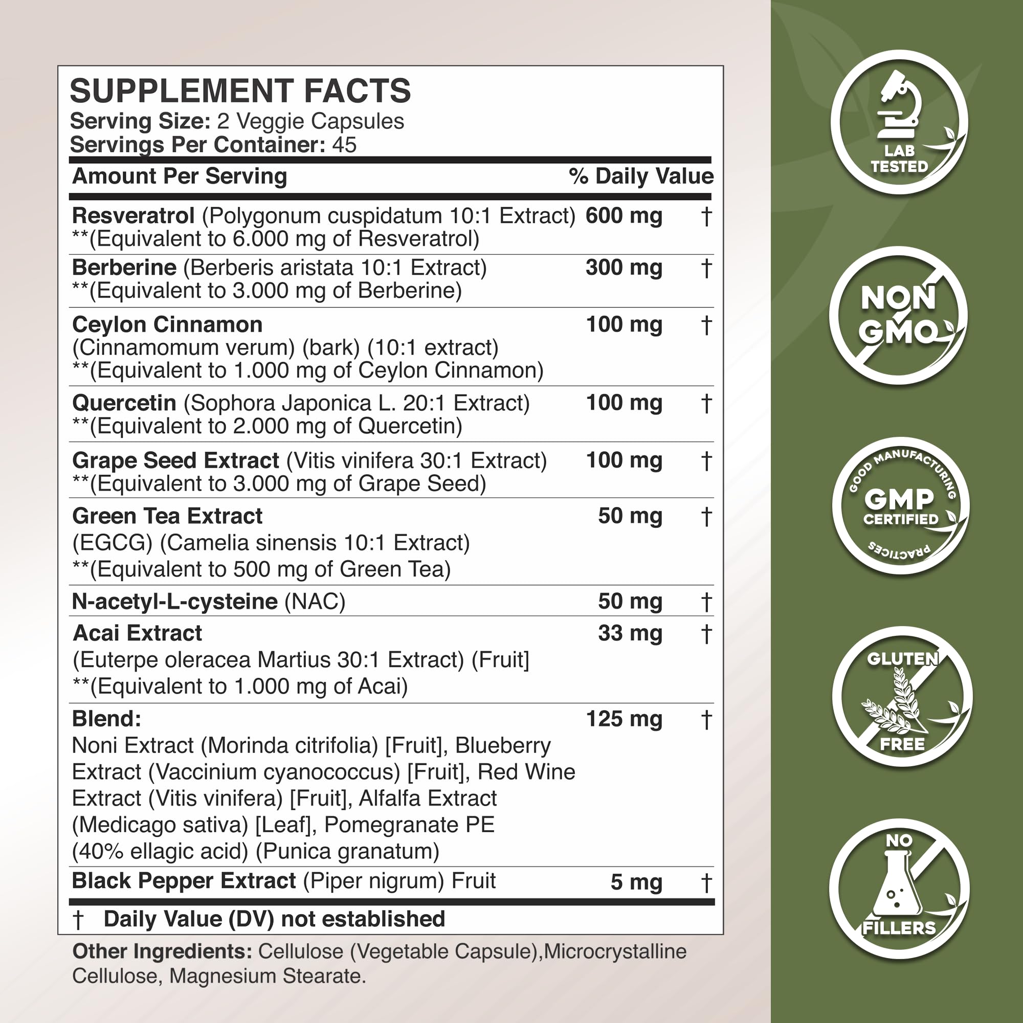 Gade Nutrition 14 in 1 Antioxidant Complex - Resveratrol, Berberine, Quercetin, Grape Seed, Green Tea, NAC, Cinnamon - Made in USA