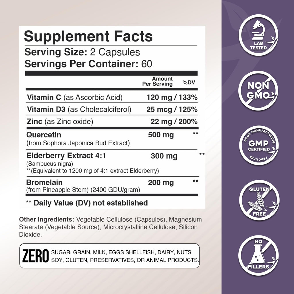 Gade Nutrition Quercetin with Bromelain, Vitamin C & Zinc, Vitamin D3, and Elderberry | Daily Immune Support Supplement - 4 Months Supply