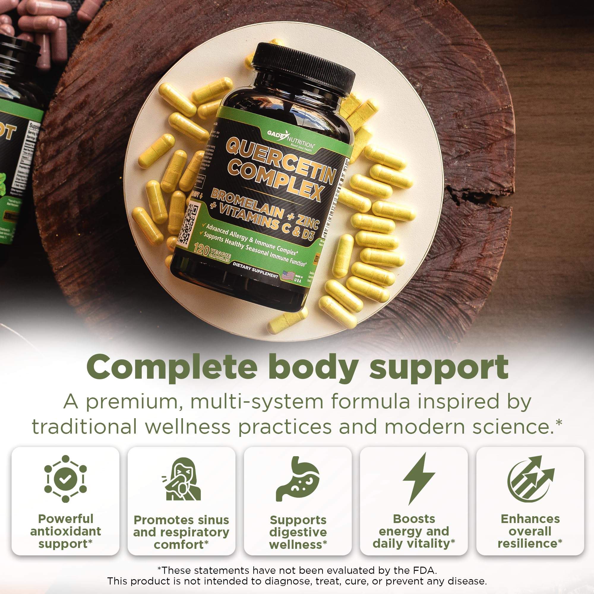 GADE NUTRITION Organic Quercetin 500mg with Bromelain, Vitamin C & Zinc | Immune Support Capsules | Made in USA, Third-Party Tested