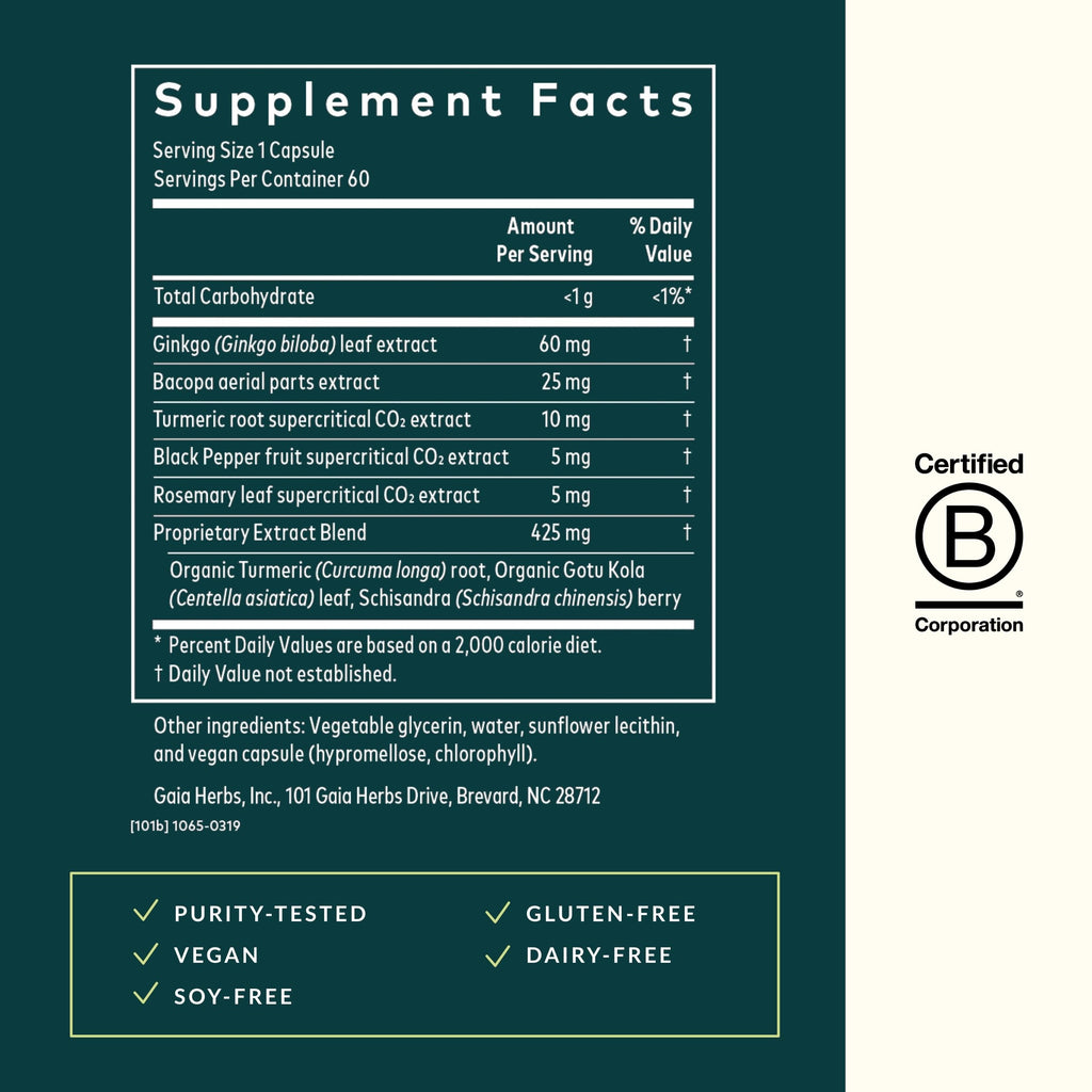 Gaia Herbs Agile Mind – Brain Support with Turmeric, Bacopa, Black Pepper & Ginkgo Biloba | 60 Vegan Liquid Phyto-Capsules