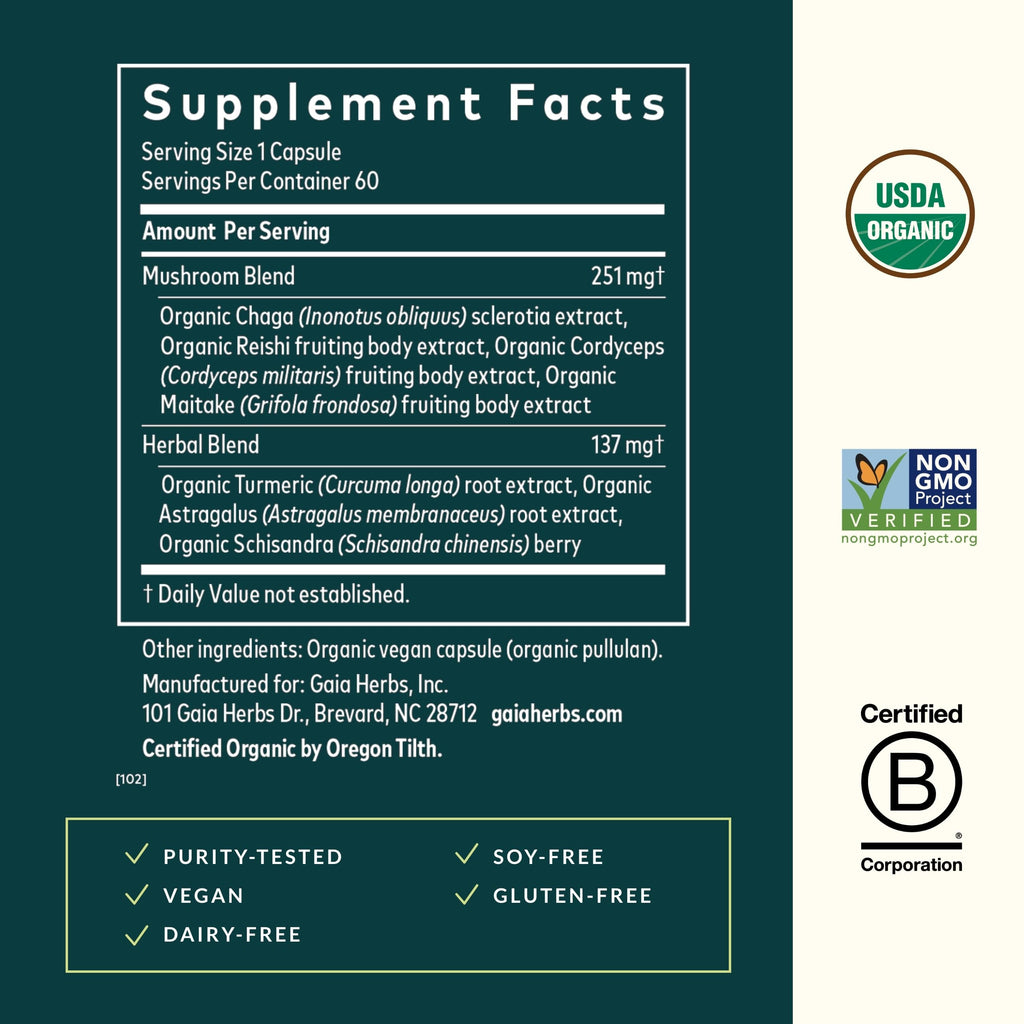 Gaia Herbs Everyday Immune Mushrooms & Herbs — Immune Support (60 Vegan Capsules)