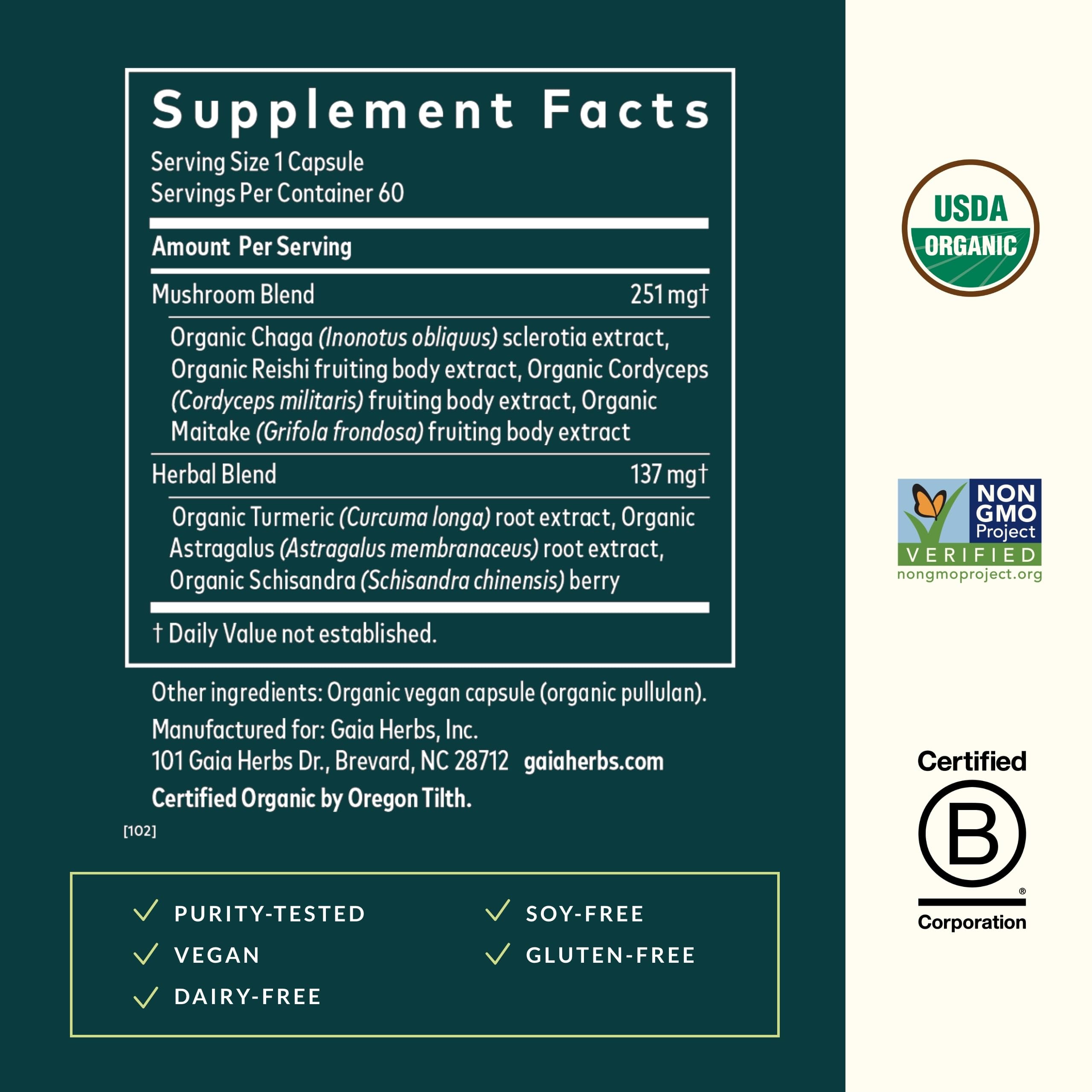 Gaia Herbs Everyday Immune Mushrooms & Herbs — Immune Support (60 Vegan Capsules)