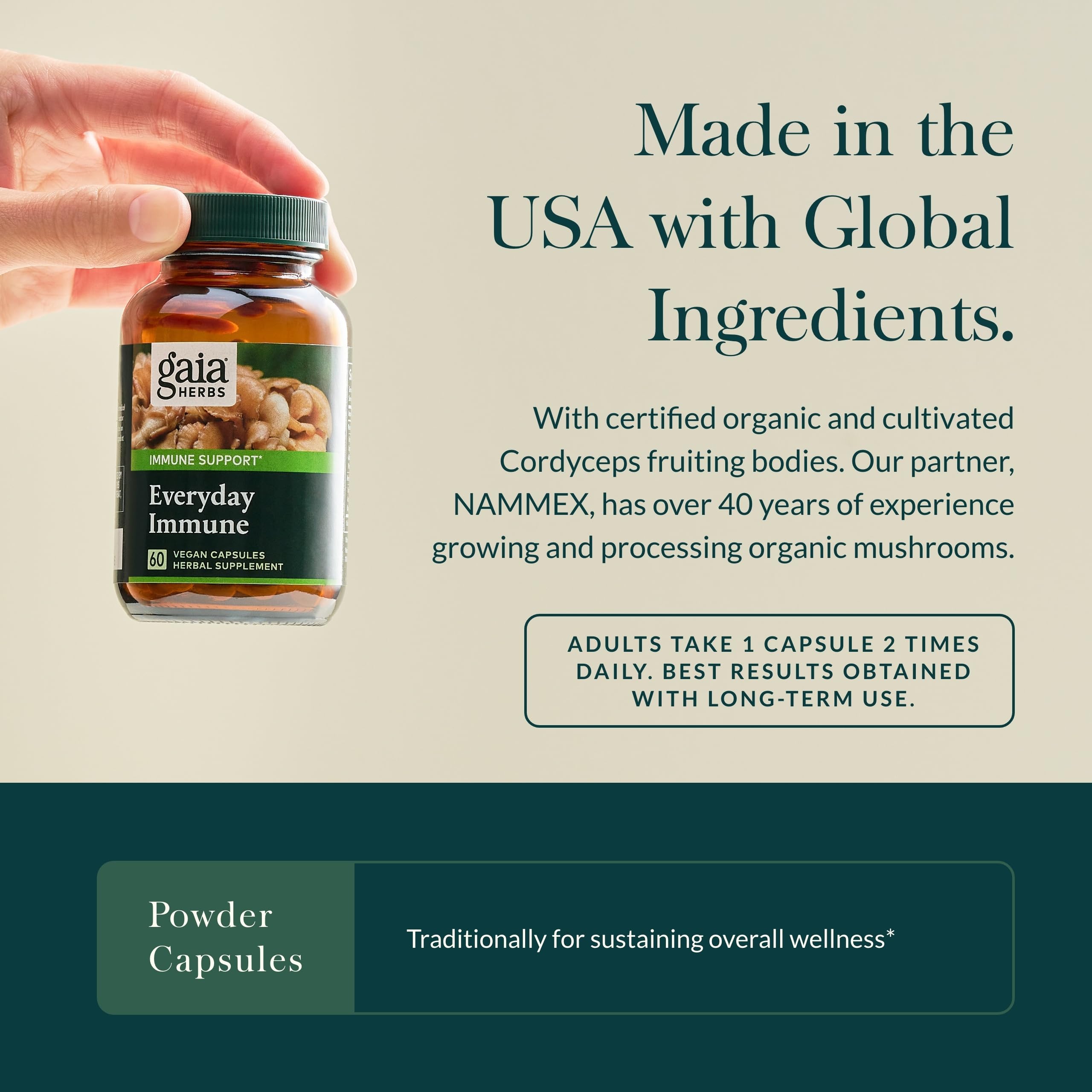 Gaia Herbs Everyday Immune Mushrooms & Herbs — Immune Support (60 Vegan Capsules)