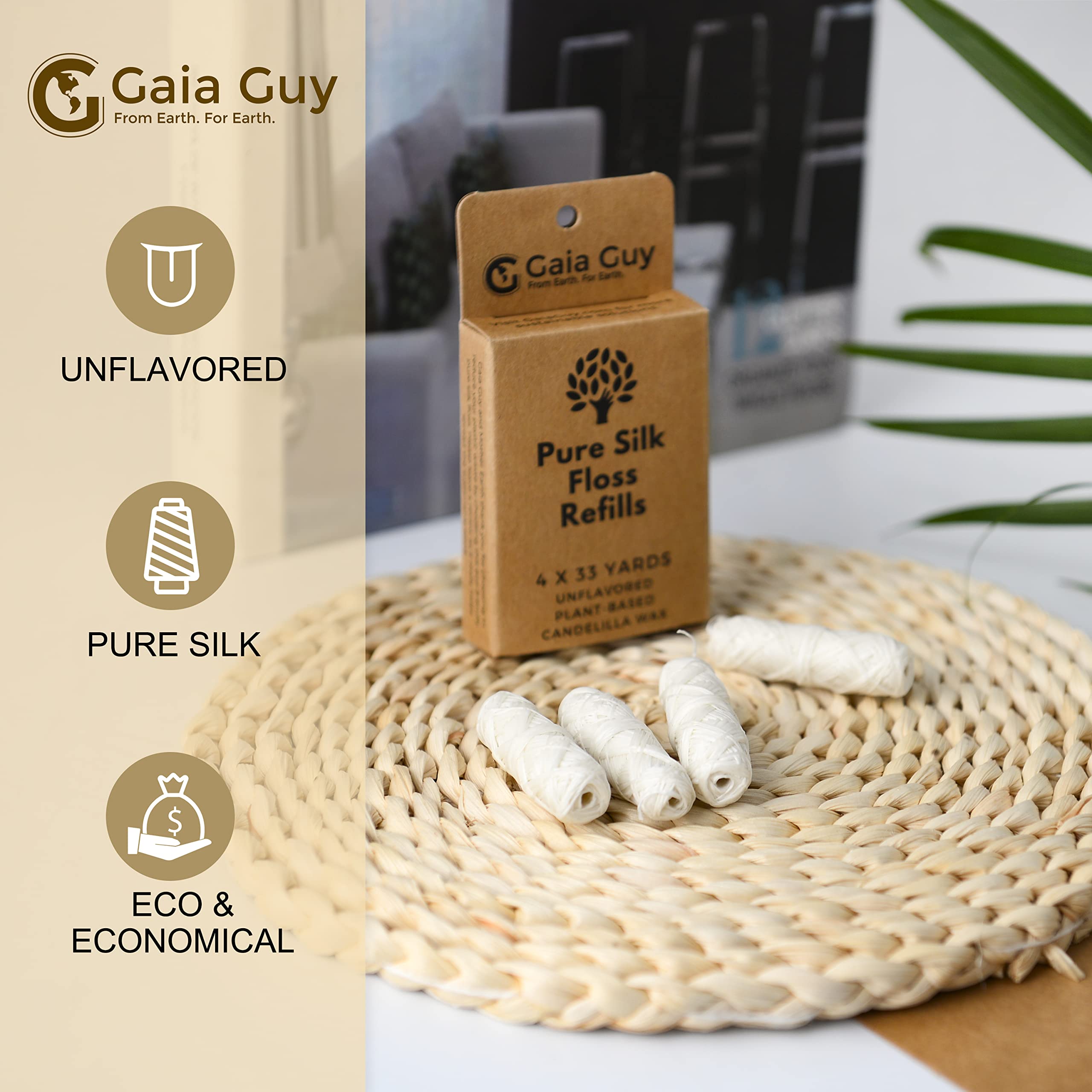 Gaia Guy Silk Dental Floss Refill – 4 x 33yds, 100% Biodegradable Silk