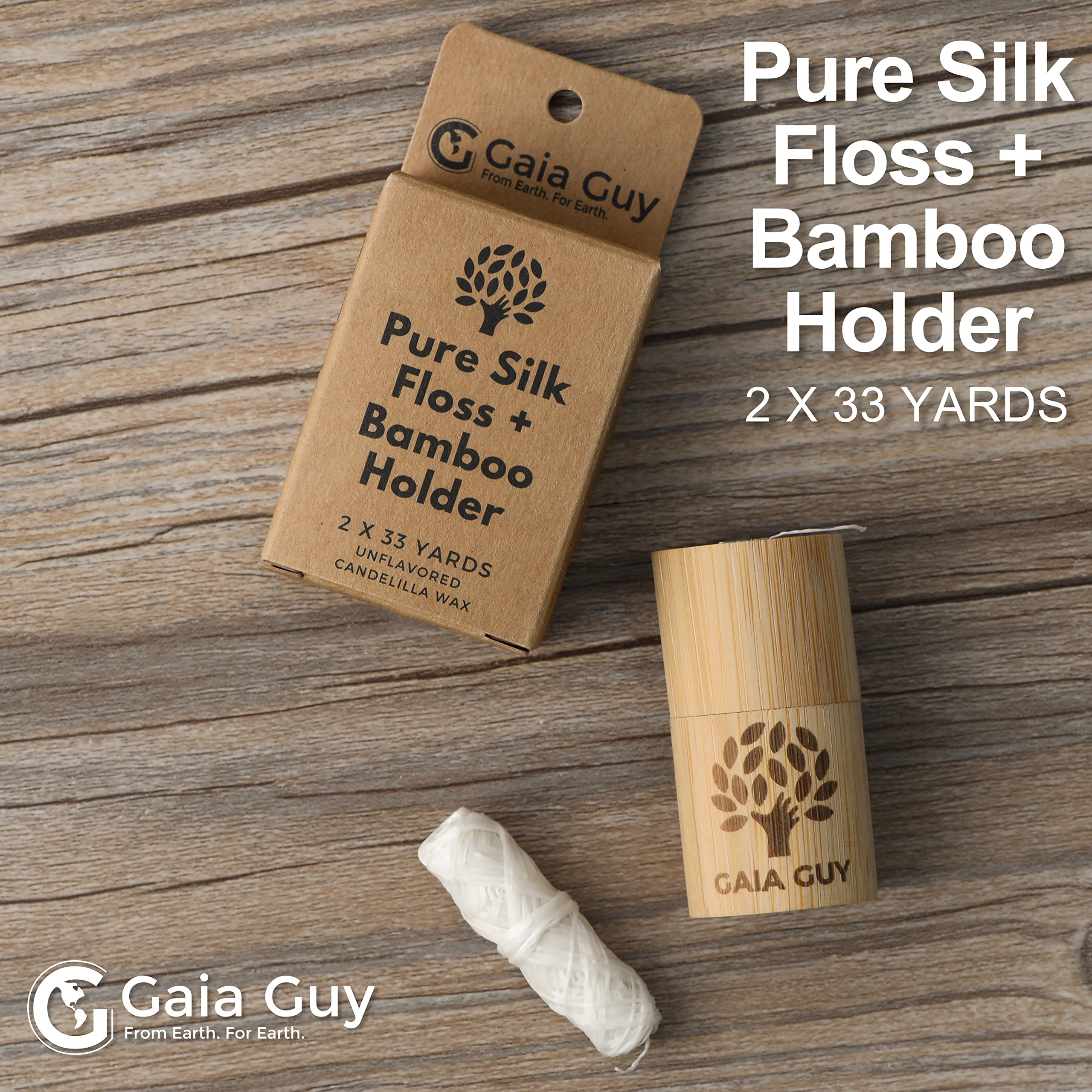 Gaia Guy Silk Dental Floss with Bamboo Holder – 2x33yds, Compostable Pure Silk, Refill & Reusable Case | Plastic-Free