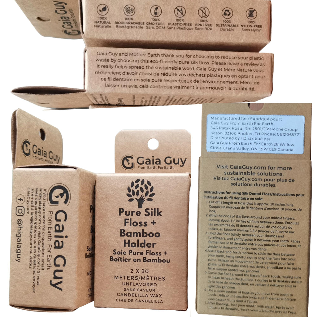Gaia Guy Silk Dental Floss with Bamboo Holder – 2x33yds, Compostable Pure Silk, Refill & Reusable Case | Plastic-Free