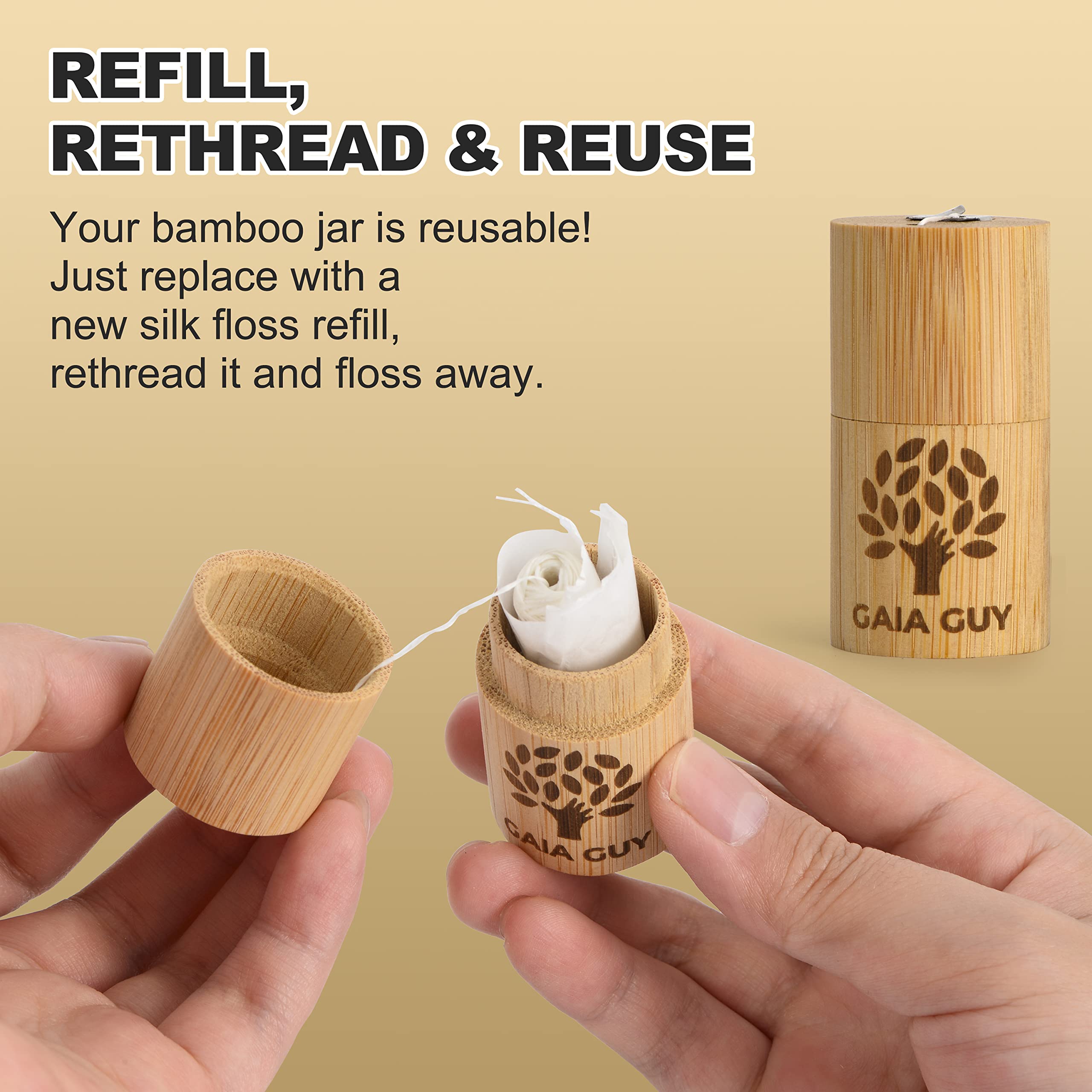Gaia Guy Silk Dental Floss with Bamboo Holder – 2x33yds, Compostable Pure Silk, Refill & Reusable Case | Plastic-Free