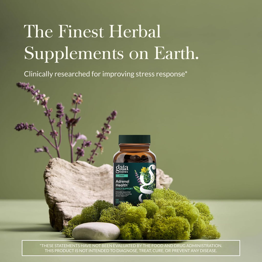 Gaia Herbs Adrenal Health Daily Support - Ashwagandha, Holy Basil & Schisandra | 120 Vegan Liquid Phyto-Caps (60 Servings)