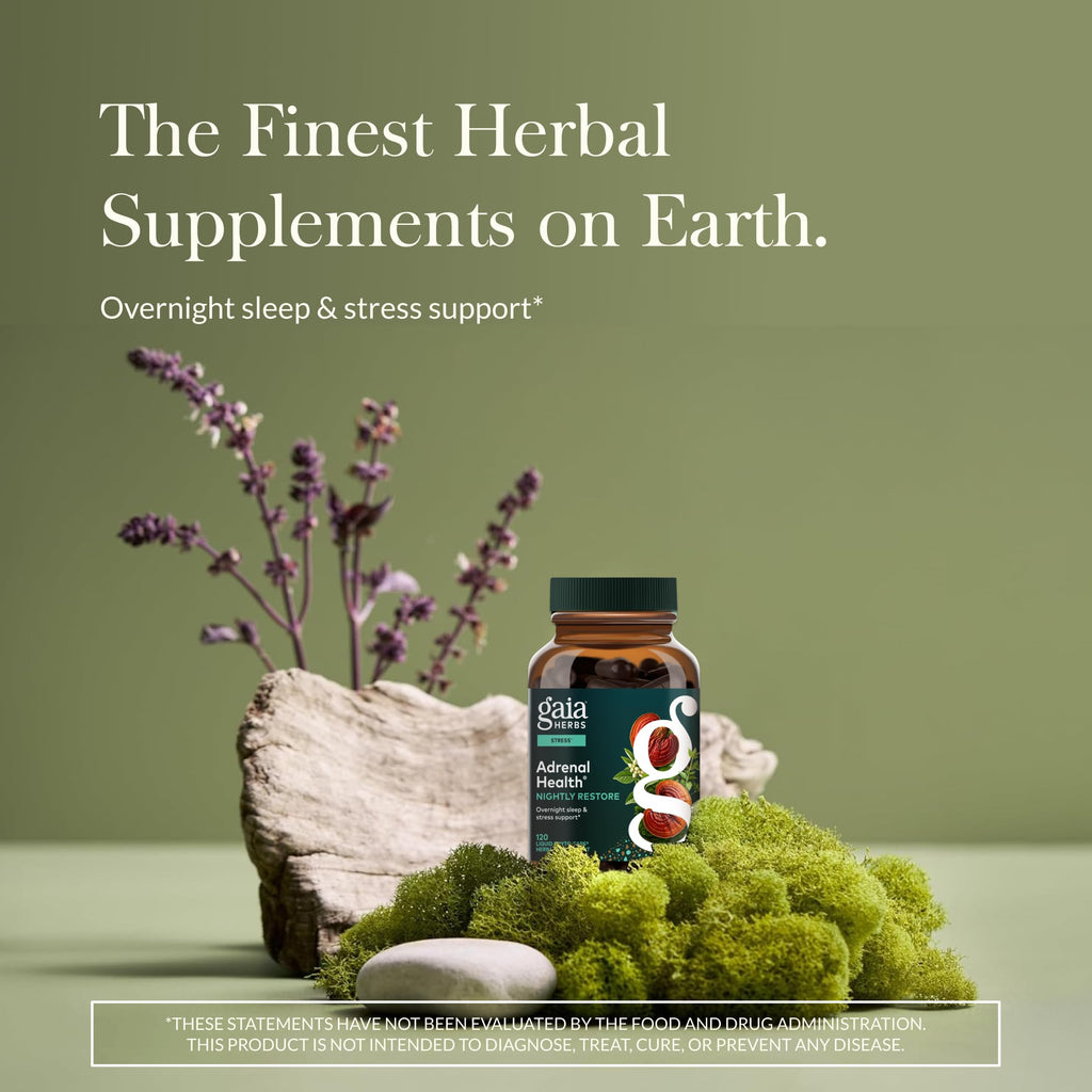Gaia Herbs Adrenal Health Nightly Restore - Herbal Adrenal Support with Ashwagandha, Lemon Balm & Cordyceps | 120 Vegan Liquid Phyto-Caps (60 Servings)