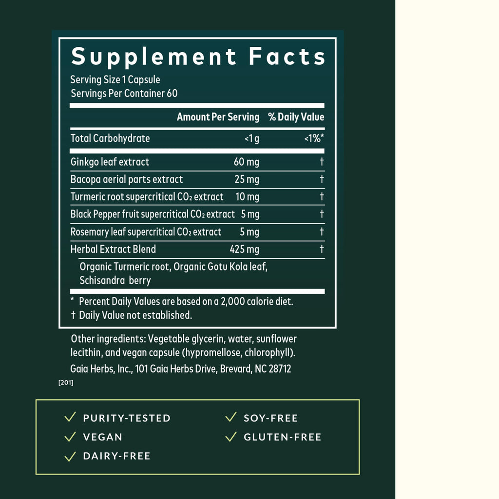 Gaia Herbs Agile Mind – Brain Support with Turmeric, Bacopa, Black Pepper & Ginkgo Biloba | 60 Vegan Liquid Phyto-Capsules