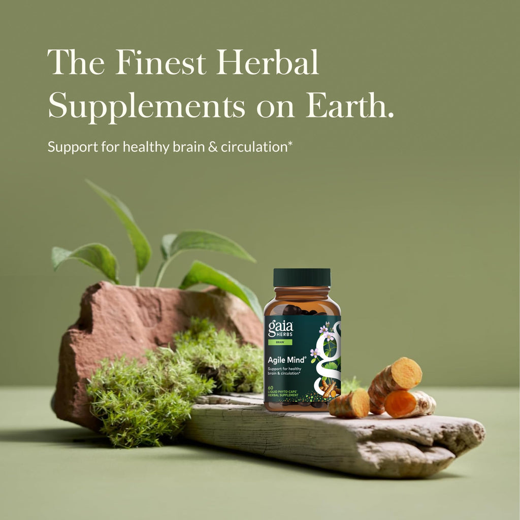 Gaia Herbs Agile Mind – Brain Support with Turmeric, Bacopa, Black Pepper & Ginkgo Biloba | 60 Vegan Liquid Phyto-Capsules
