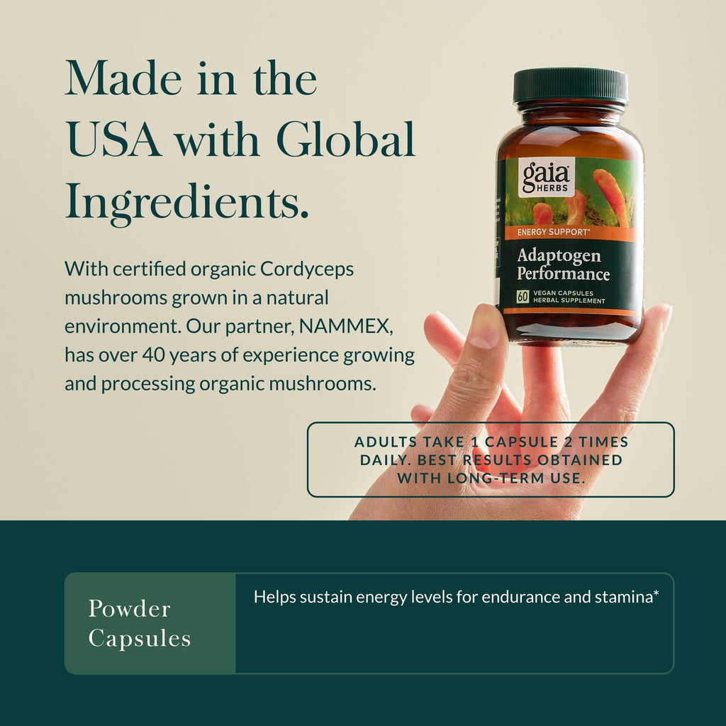 Gaia Herbs Adaptogen Performance Mushrooms & Herbs – Energy Support (60 Vegan Capsules)