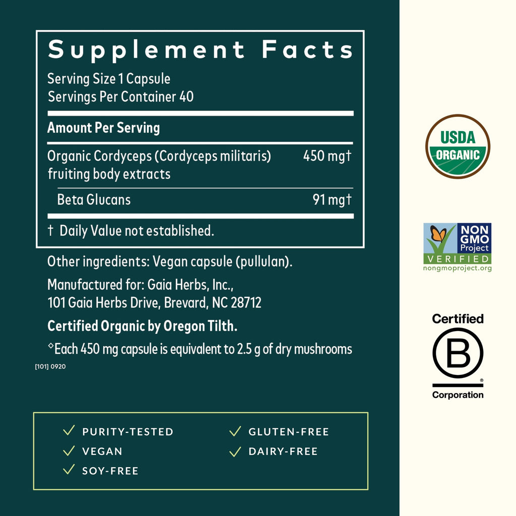 Gaia Herbs Cordyceps Mushroom – Energy & Endurance Support (40-Day, Vegan)