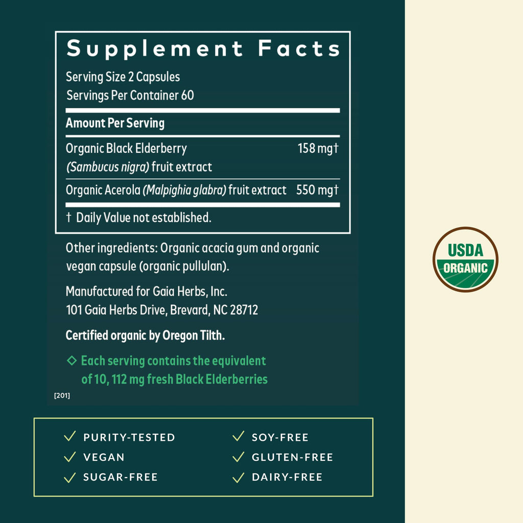 Gaia Herbs Black Elderberry – Daily Immune Support Capsules with Acerola (120 Vegan Capsules, 60 Servings)