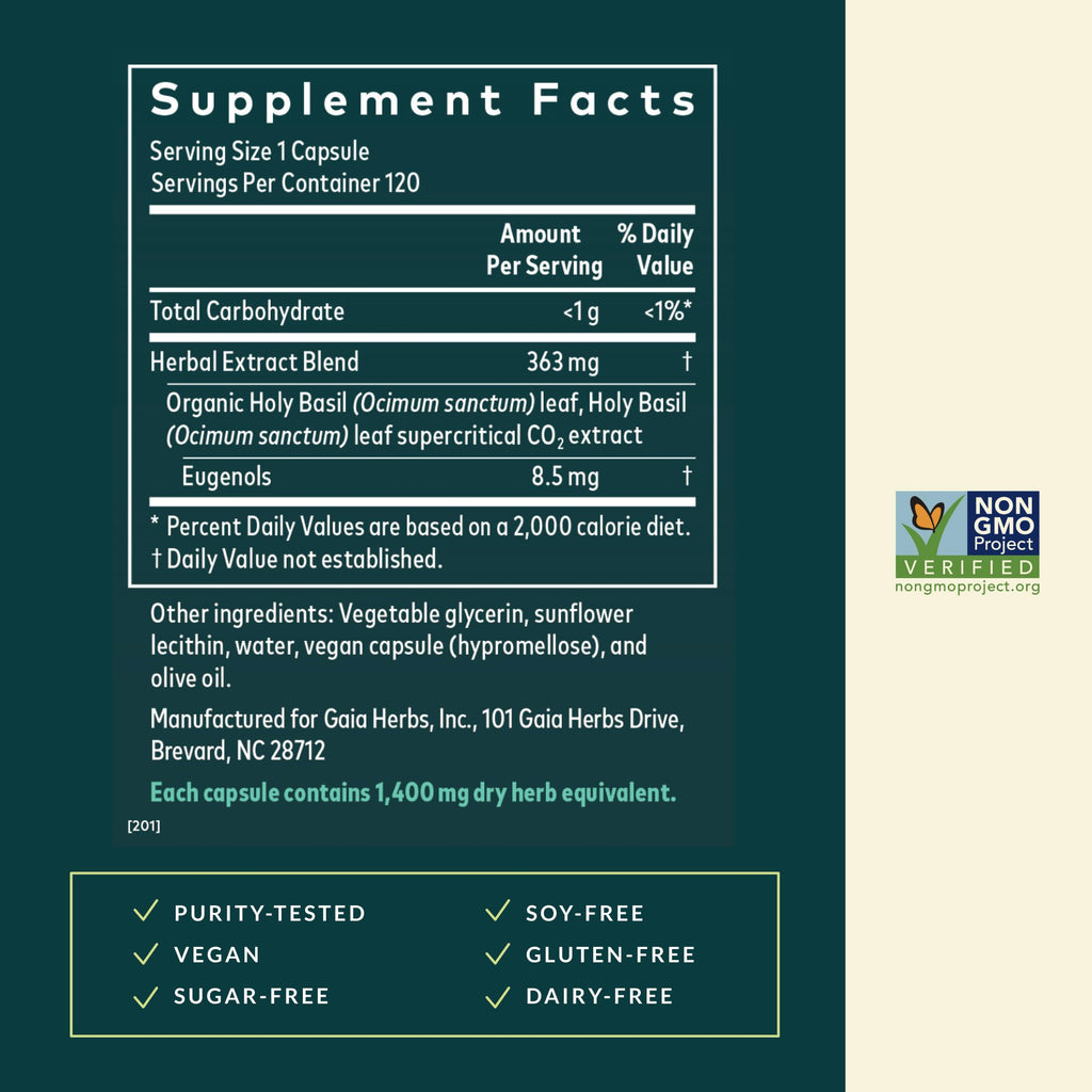 Gaia Herbs Holy Basil Leaf | Adaptogenic Ayurvedic Stress Support | 120 Vegan Liquid Phyto-Caps (60 Servings)