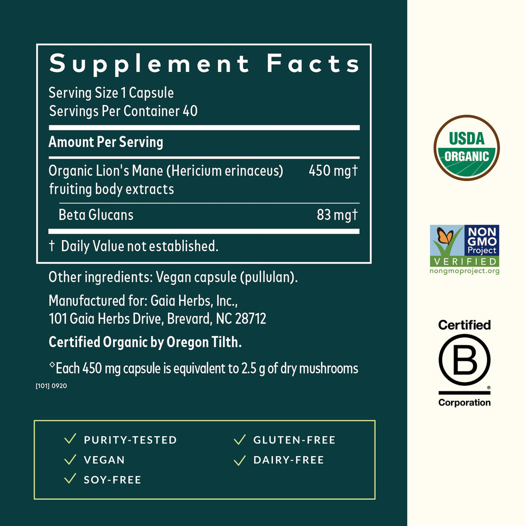 Gaia Herbs Lion’s Mane Mushroom – Brain & Nerve Health Support* | 40 Vegan Capsules