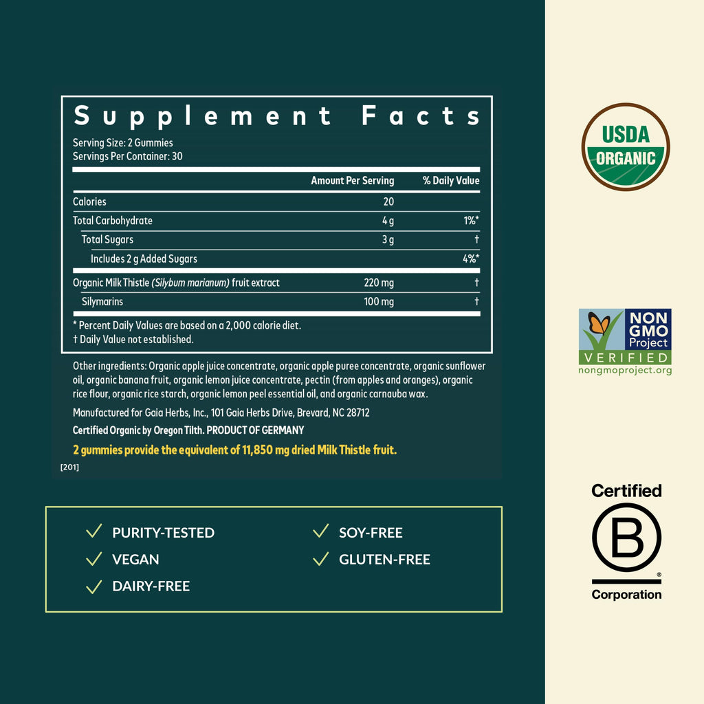 Gaia Herbs Milk Thistle Gummies - Lemon Flavor, Vegan Liver Support & Detox (60 Gummies)
