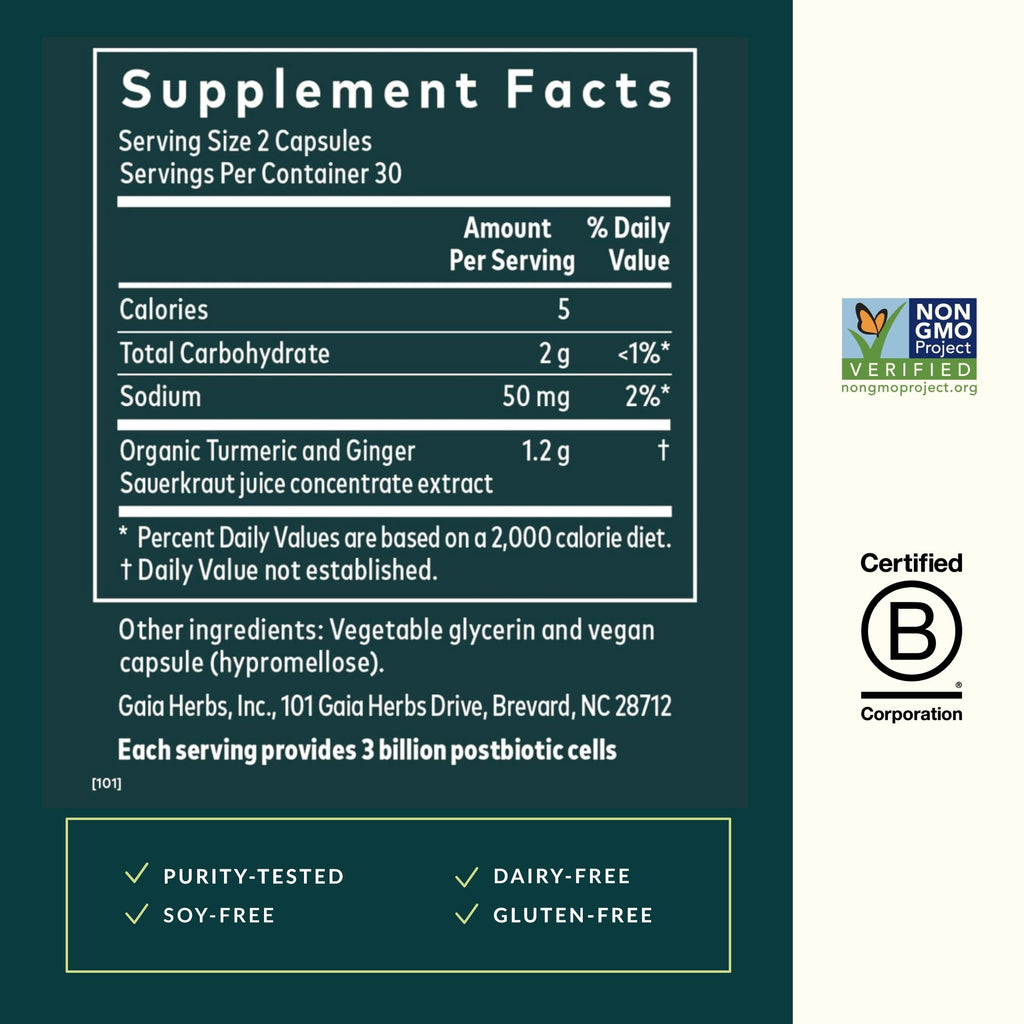 Gaia Herbs Ginger-Turmeric Postbiotic – Premium Digestive Support (Fermented Turmeric & Ginger) – 60 Vegan Capsules