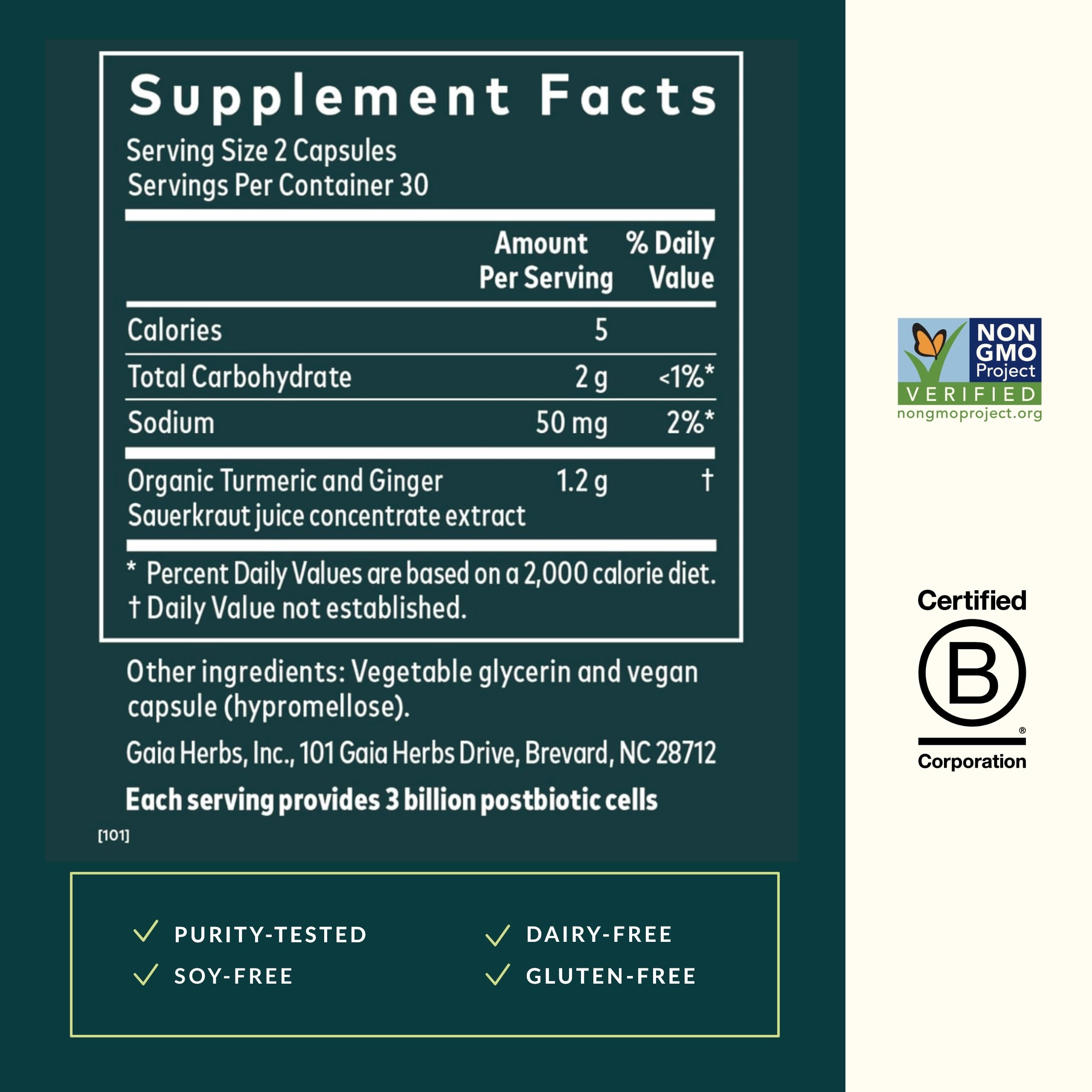 Gaia Herbs Ginger-Turmeric Postbiotic – Premium Digestive Support (Fermented Turmeric & Ginger) – 60 Vegan Capsules
