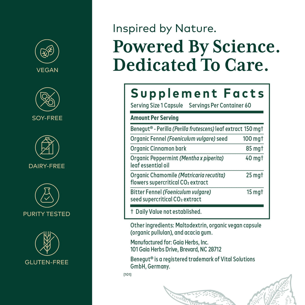 GAIA Herbs PRO GI-BFF Digestive Health | Benegut, Organic Fennel & Cinnamon Bark - 60 Caps