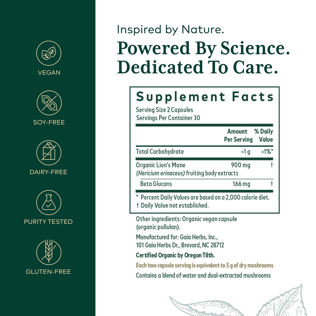 Gaia Herbs PRO Lions Mane Mushroom - Brain Health, 2,500mg/Serving, 60 Capsules, Organic