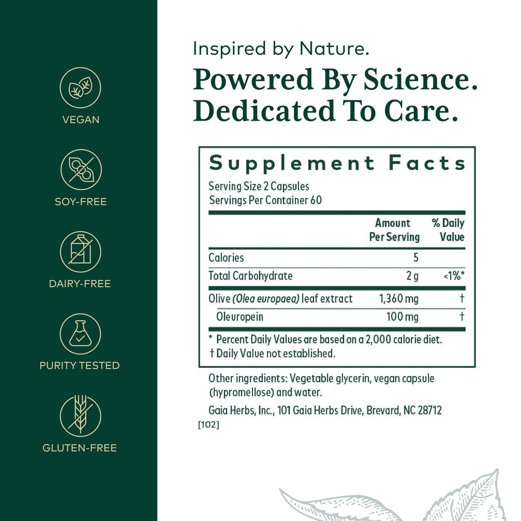Gaia Herbs PRO Olive Leaf 1360 | Immune & Heart Health | Gluten-Free