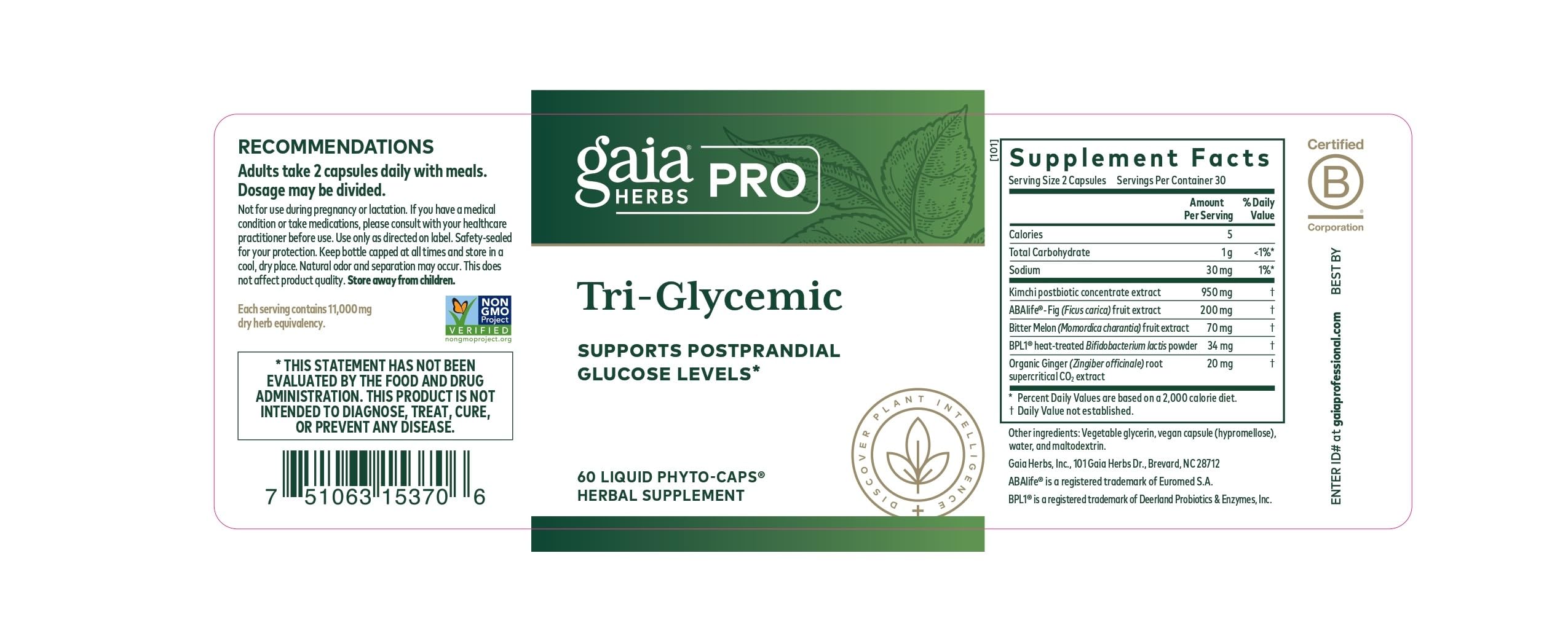 Gaia Herbs PRO Tri-Glycemic – Supports Healthy Metabolism (60 Liquid Phyto-Caps)