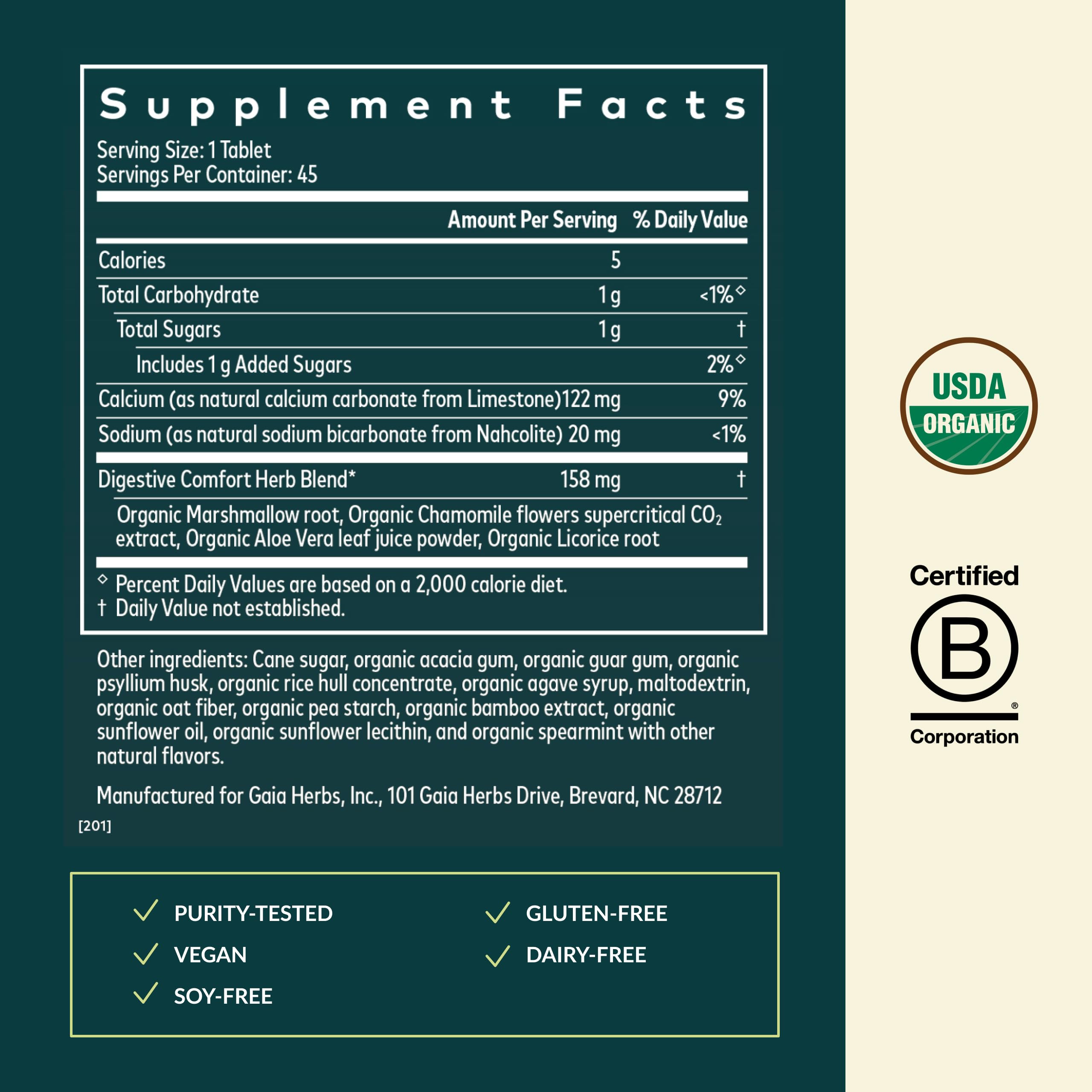 Gaia Herbs Reflux Relief - Natural Heartburn & Indigestion Support with Marshmallow Root and Herbs (45 Chewable Tablets)