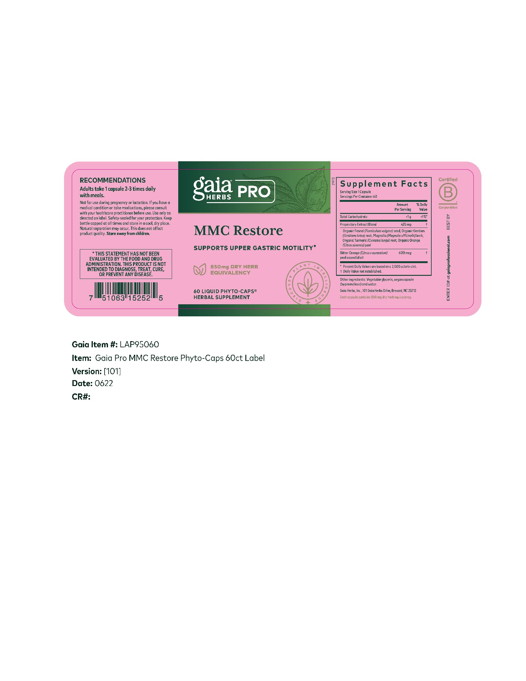 GAIA HERBS PRO MMC Restore – Digestive Health Support for Upper Gastric Motility (60 Servings)