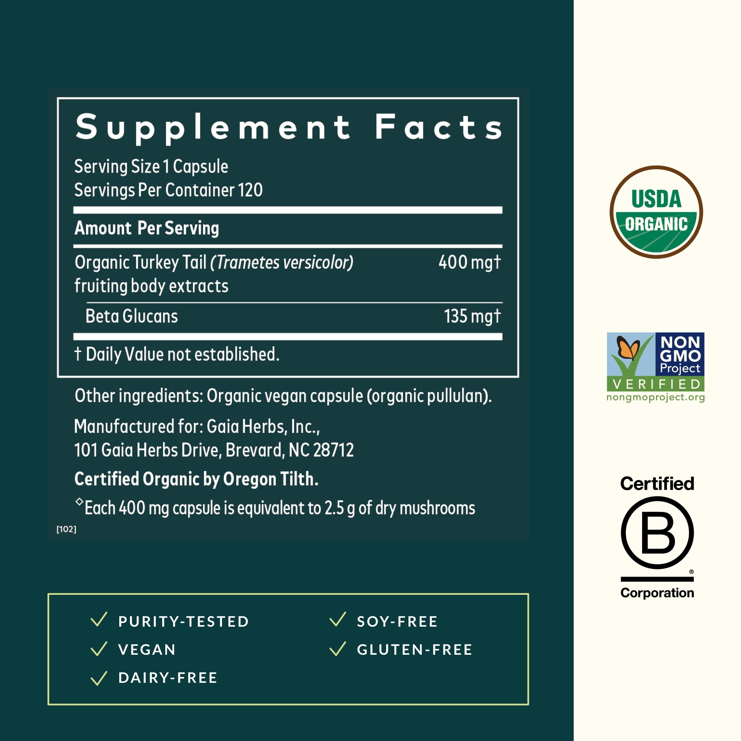 Gaia Herbs Turkey Tail Mushroom – Immune Support & Liver Health, 120 Vegan Capsules