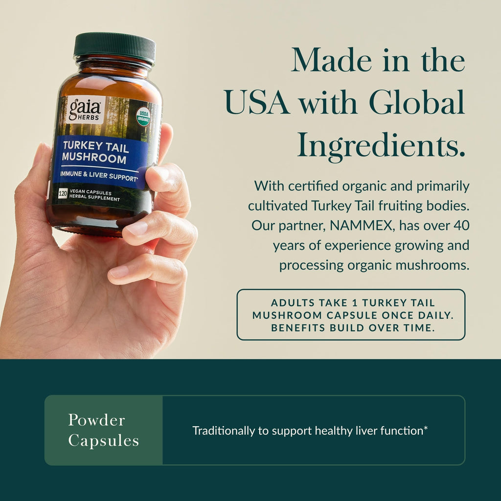 Gaia Herbs Turkey Tail Mushroom – Immune Support & Liver Health, 120 Vegan Capsules
