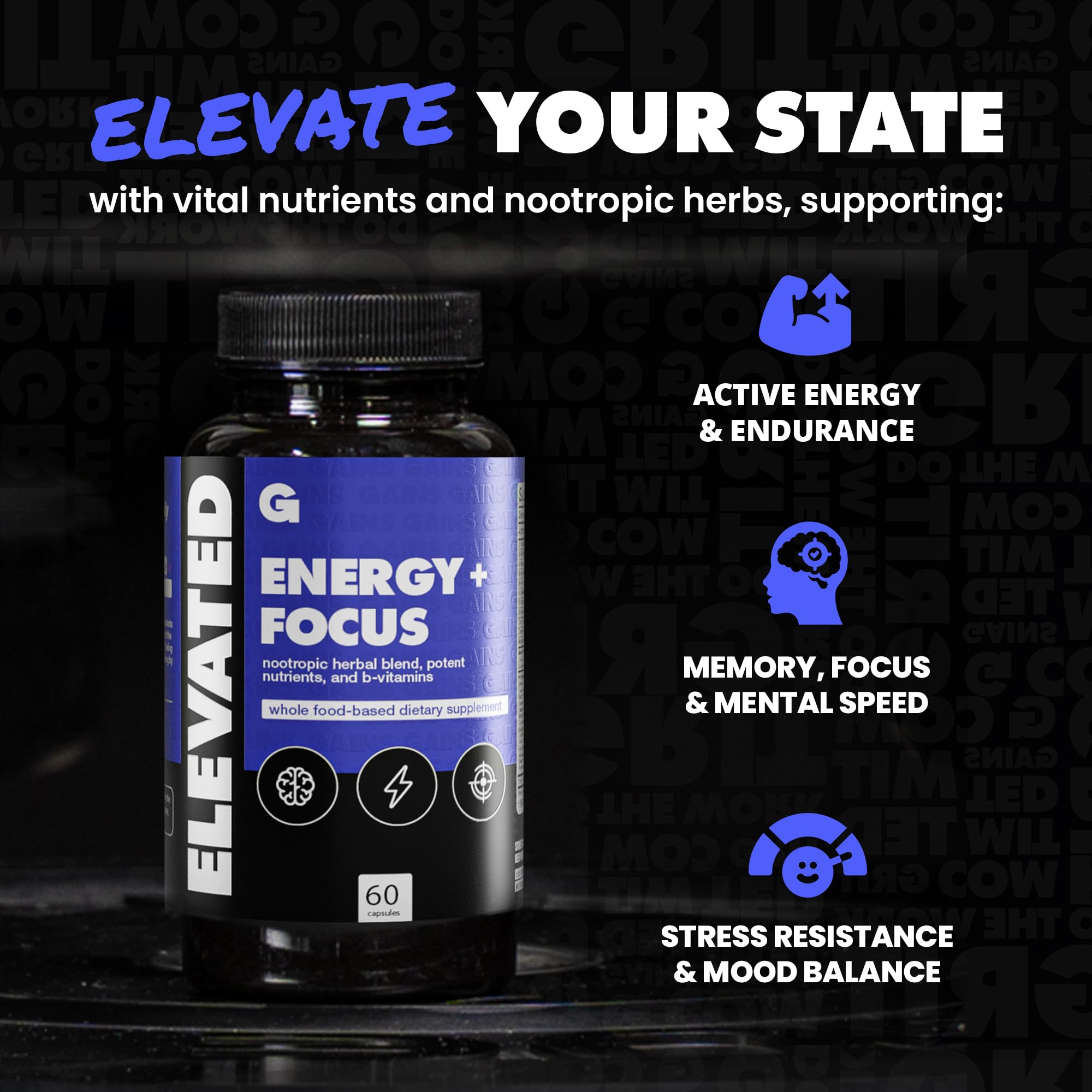 Gains in Bulk Elevated Nootropic – Herbal Energy, Ginkgo Biloba, B Vitamins, DMAE | Vegan, 60 Caps