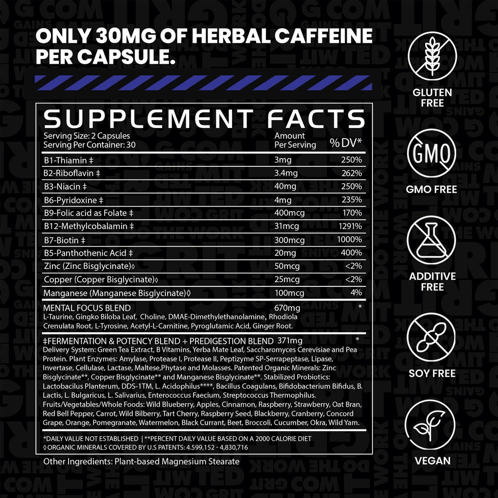 Gains in Bulk Elevated Nootropic – Herbal Energy, Ginkgo Biloba, B Vitamins, DMAE | Vegan, 60 Caps