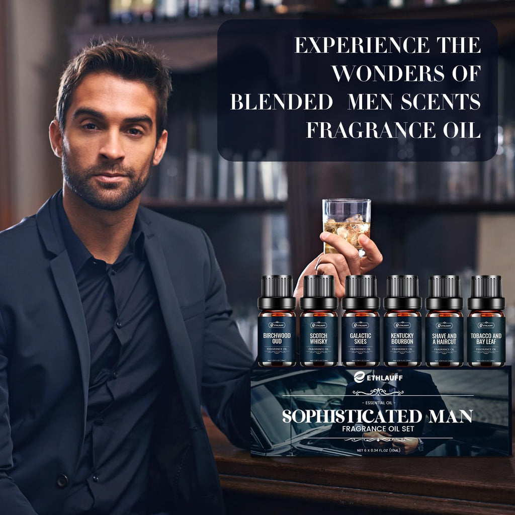 Men Essential Oils Set - Top 6 Gentlemen's Fragrance Oils for Diffuser, Candle & Soap Making