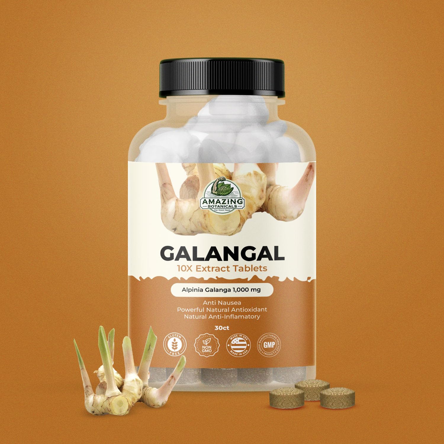 Galangal 10X Extract Tablets 1,000 mg – High-Potency Herbal Supplement – 30 Count – Vegan & Non-GMO