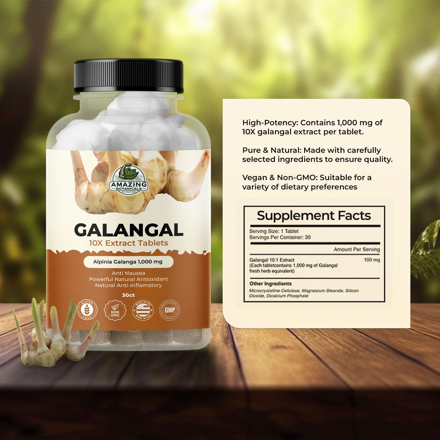 Galangal 10X Extract Tablets 1,000 mg – High-Potency Herbal Supplement – 30 Count – Vegan & Non-GMO