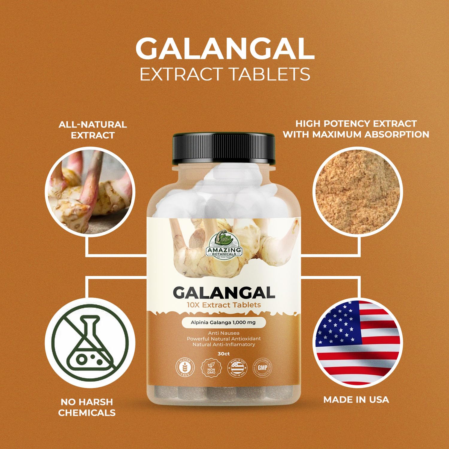 Galangal 10X Extract Tablets 1,000 mg – High-Potency Herbal Supplement – 30 Count – Vegan & Non-GMO
