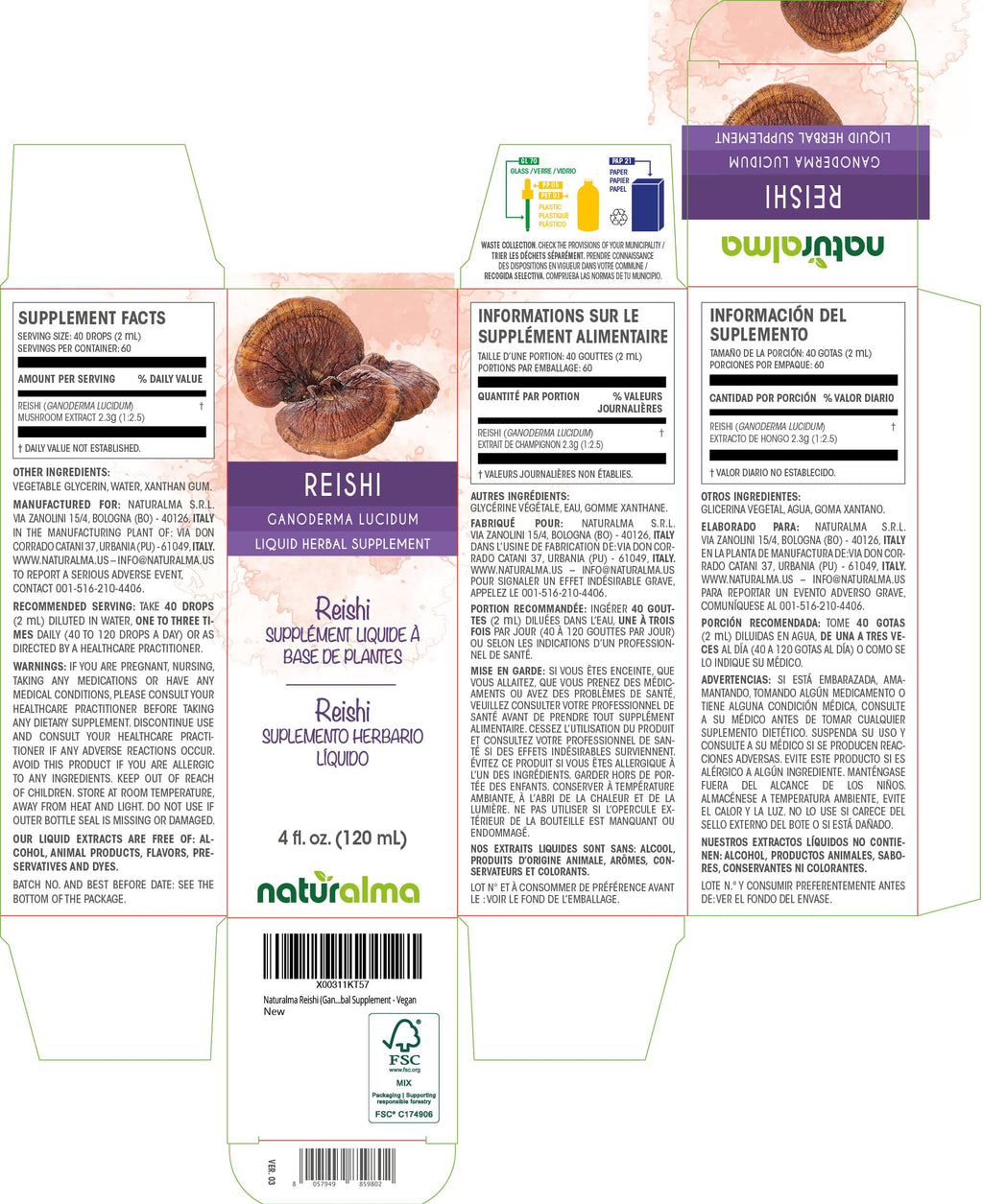Naturalma Reishi Alcohol-Free Tincture (Ganoderma lucidum) 4 oz – Vegan Liquid Extract