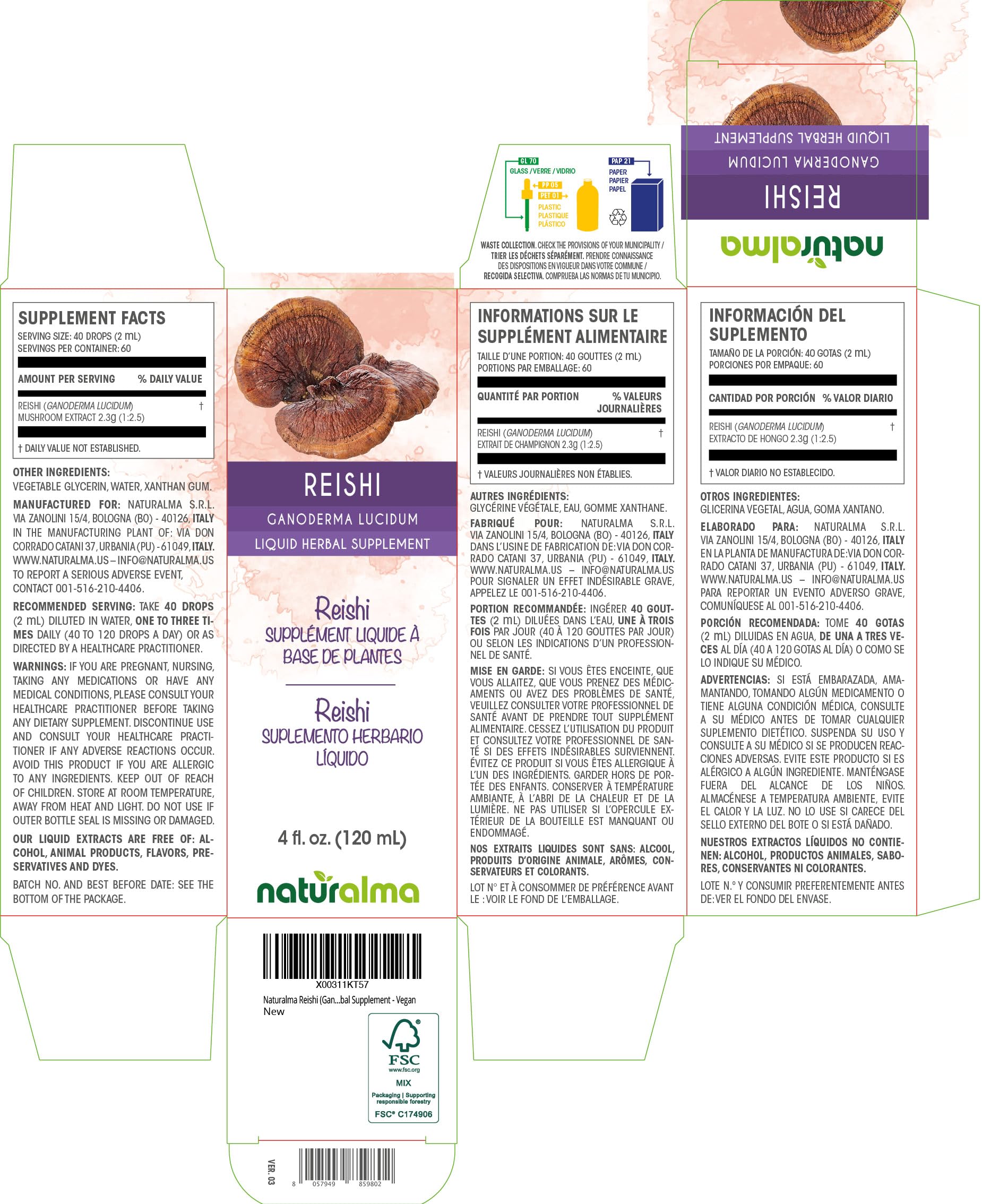 Naturalma Reishi Alcohol-Free Tincture (Ganoderma lucidum) 4 oz – Vegan Liquid Extract