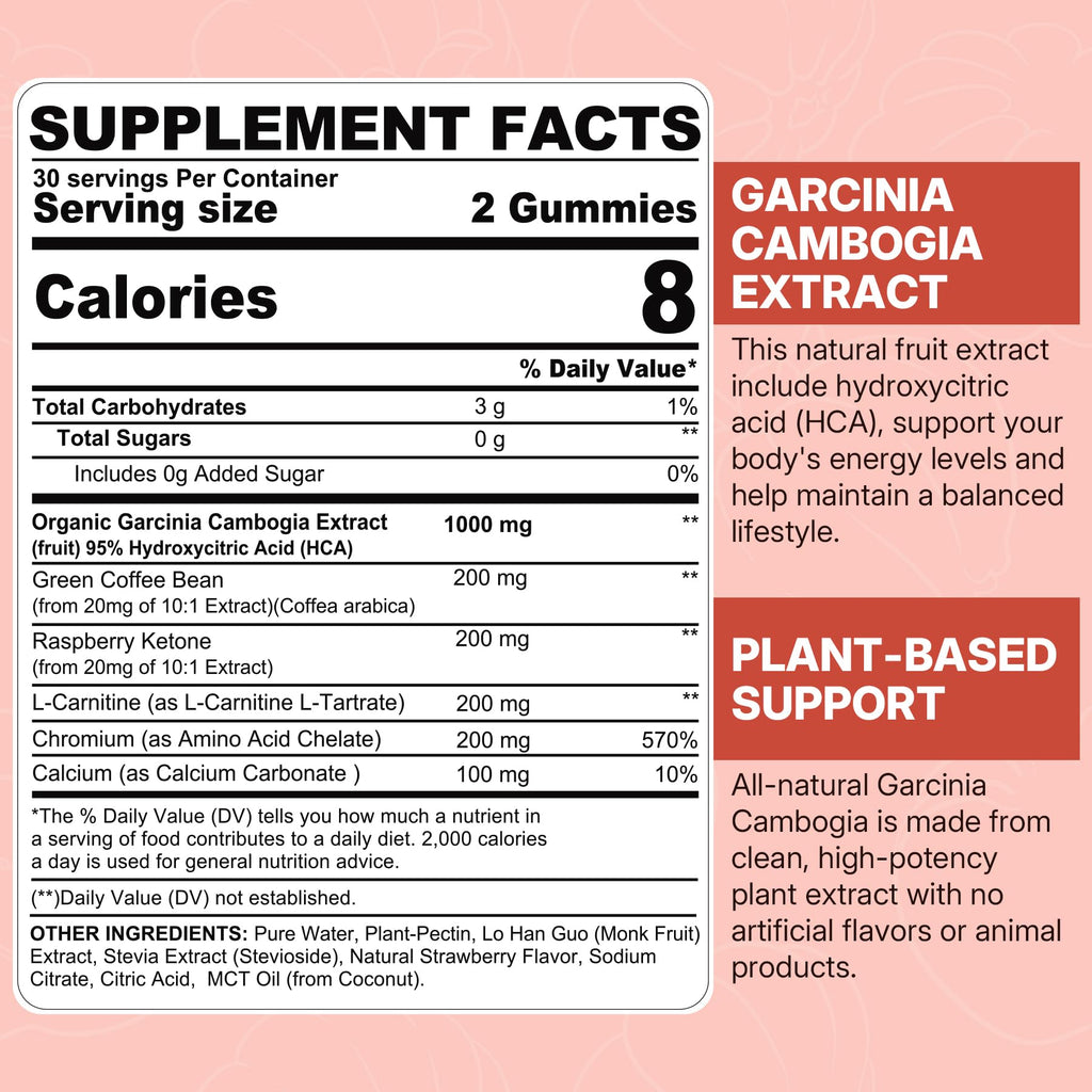 Sugar Free Garcinia Cambogia Gummies 1000mg – 95% HCA, Vegan, Strawberry, 60-Count