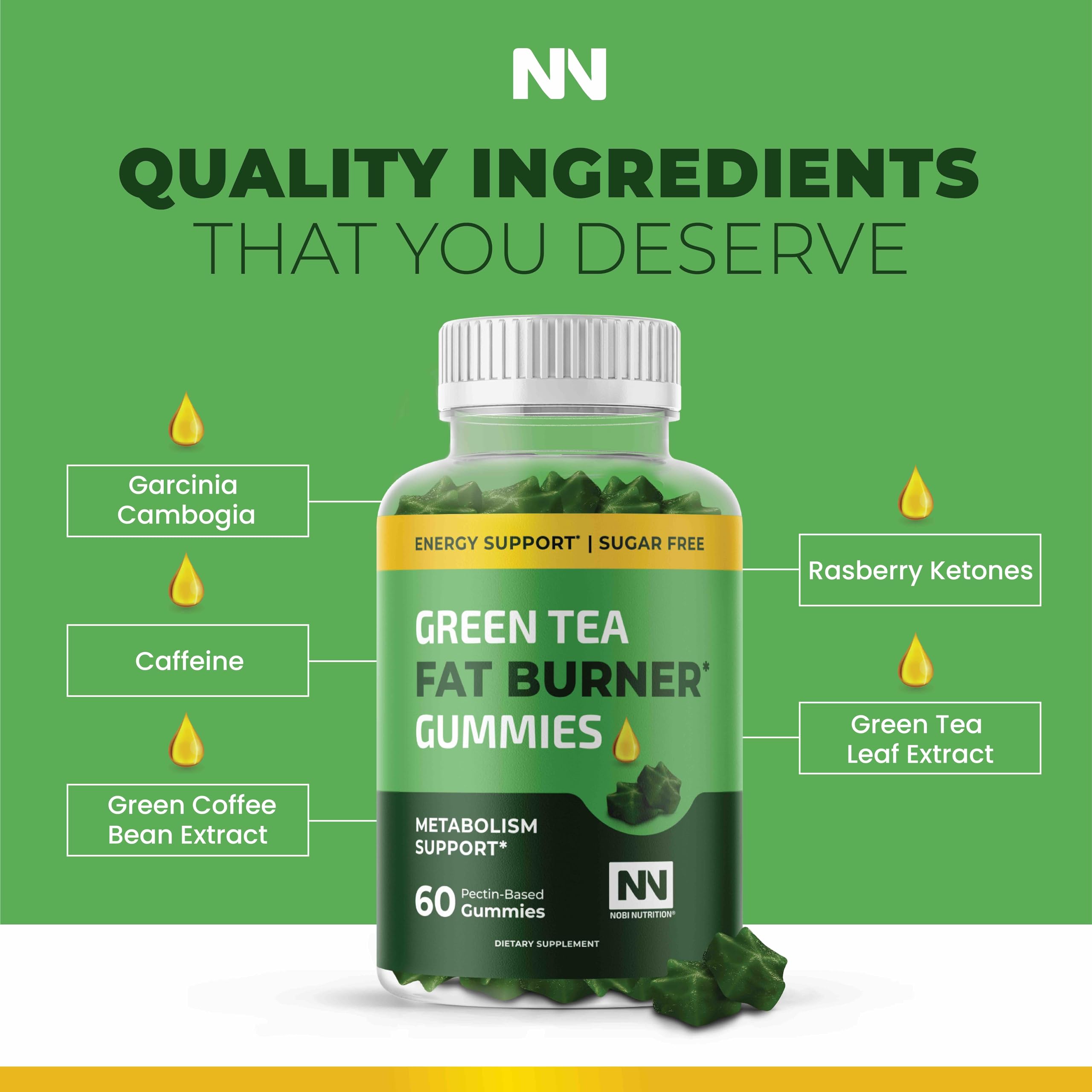 Green Tea Fat Burner Gummies for Weight Loss – Metabolism Boost & Appetite Support | 60 Count
