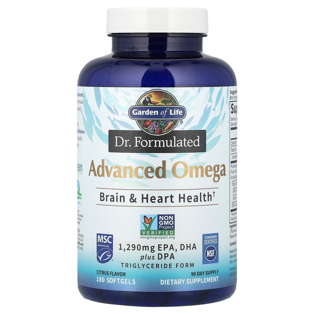 Garden of Life Dr. Formulated Advanced Omega Fish Oil - Lemon | 1,290 mg Omega-3 (EPA 695 mg, DHA 465 mg, DPA 30 mg), TG Form, 180 Softgels