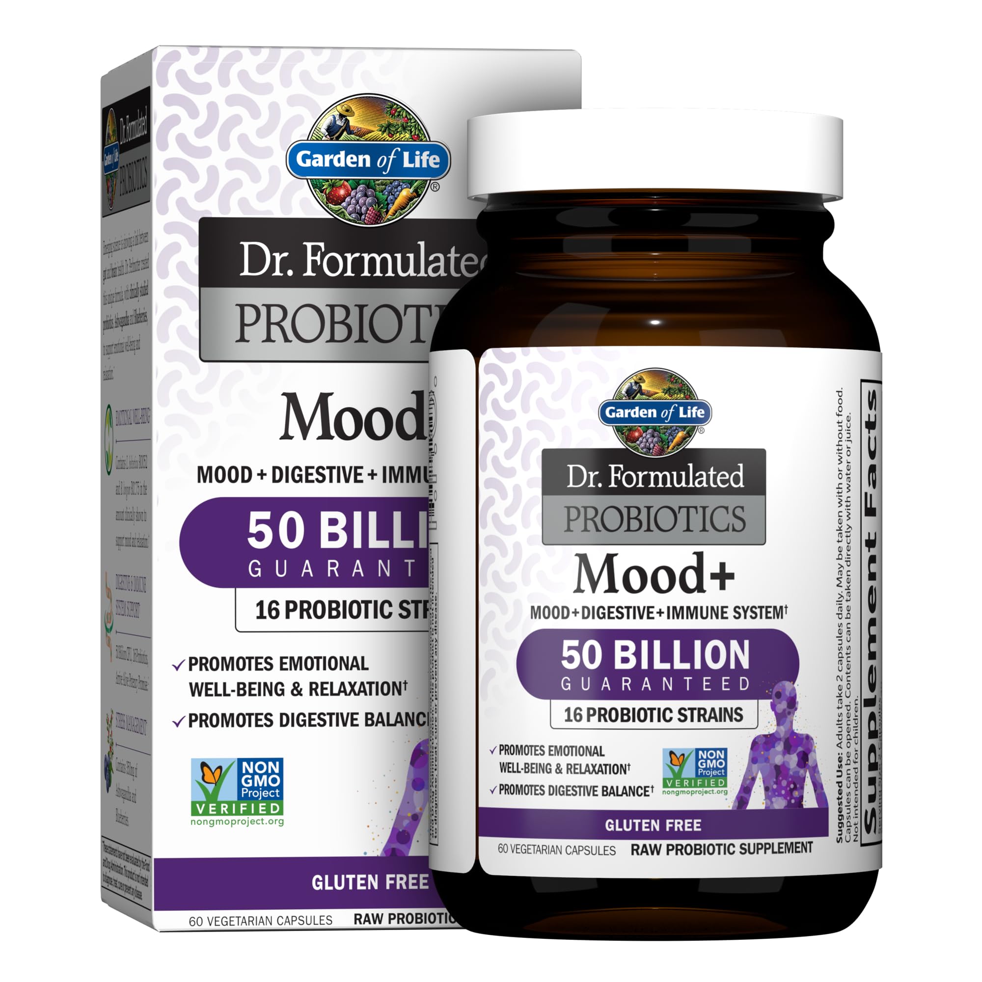 Garden of Life Mood+ Probiotic with Ashwagandha – 60 Veggie Caps, Gluten Free & Non-GMO
