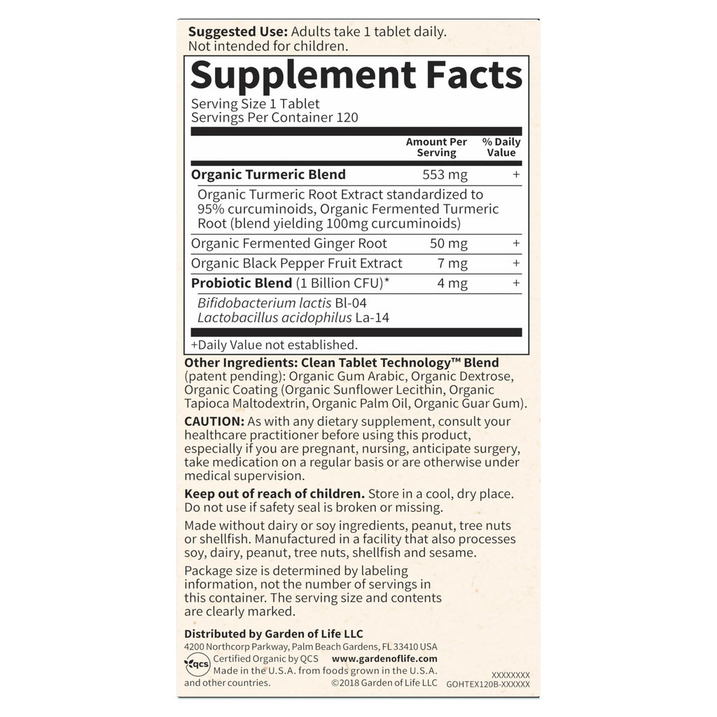 Garden of Life Organic Turmeric Extra Strength 100mg Curcumin – 120 Tablets