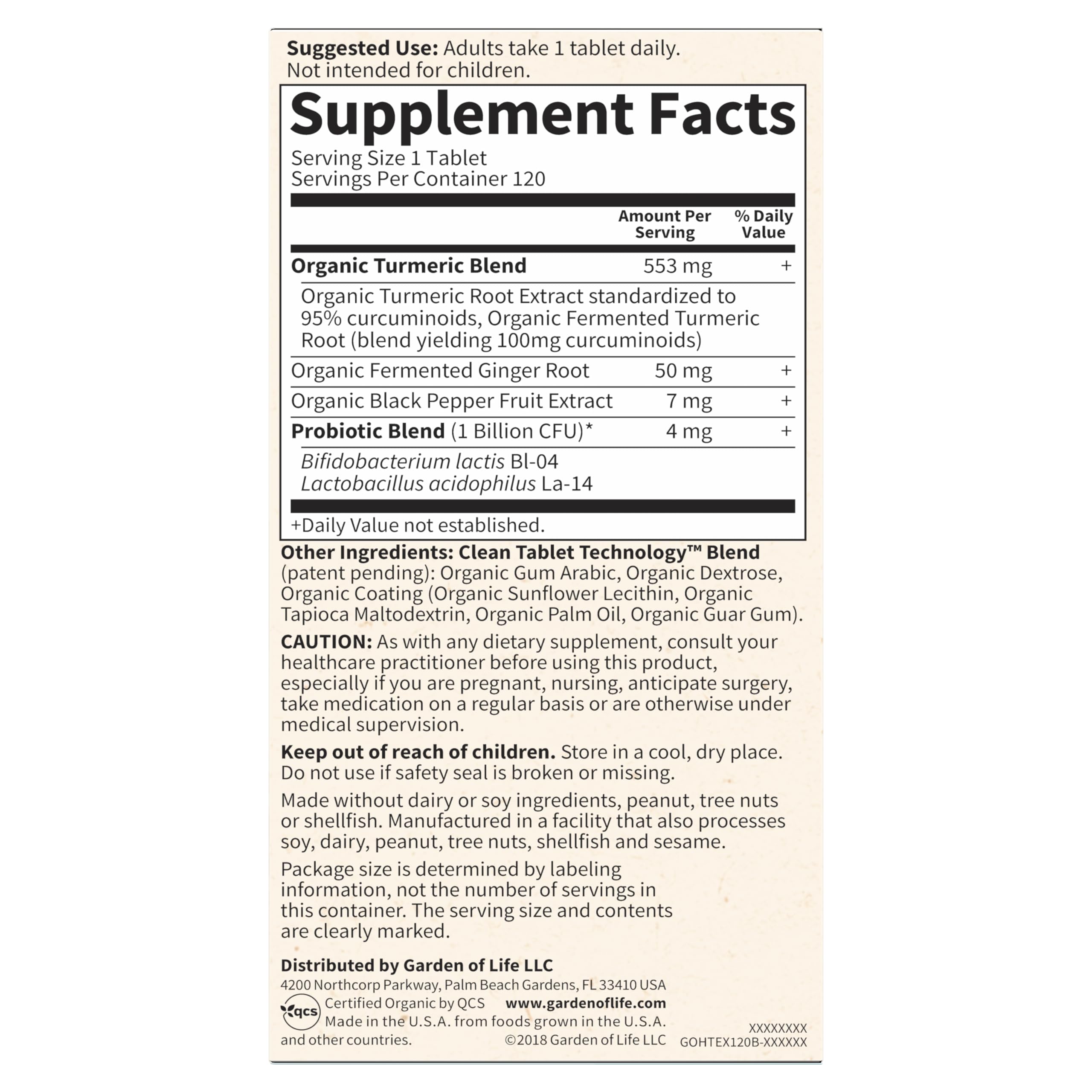 Garden of Life Organic Turmeric Extra Strength 100mg Curcumin – 120 Tablets