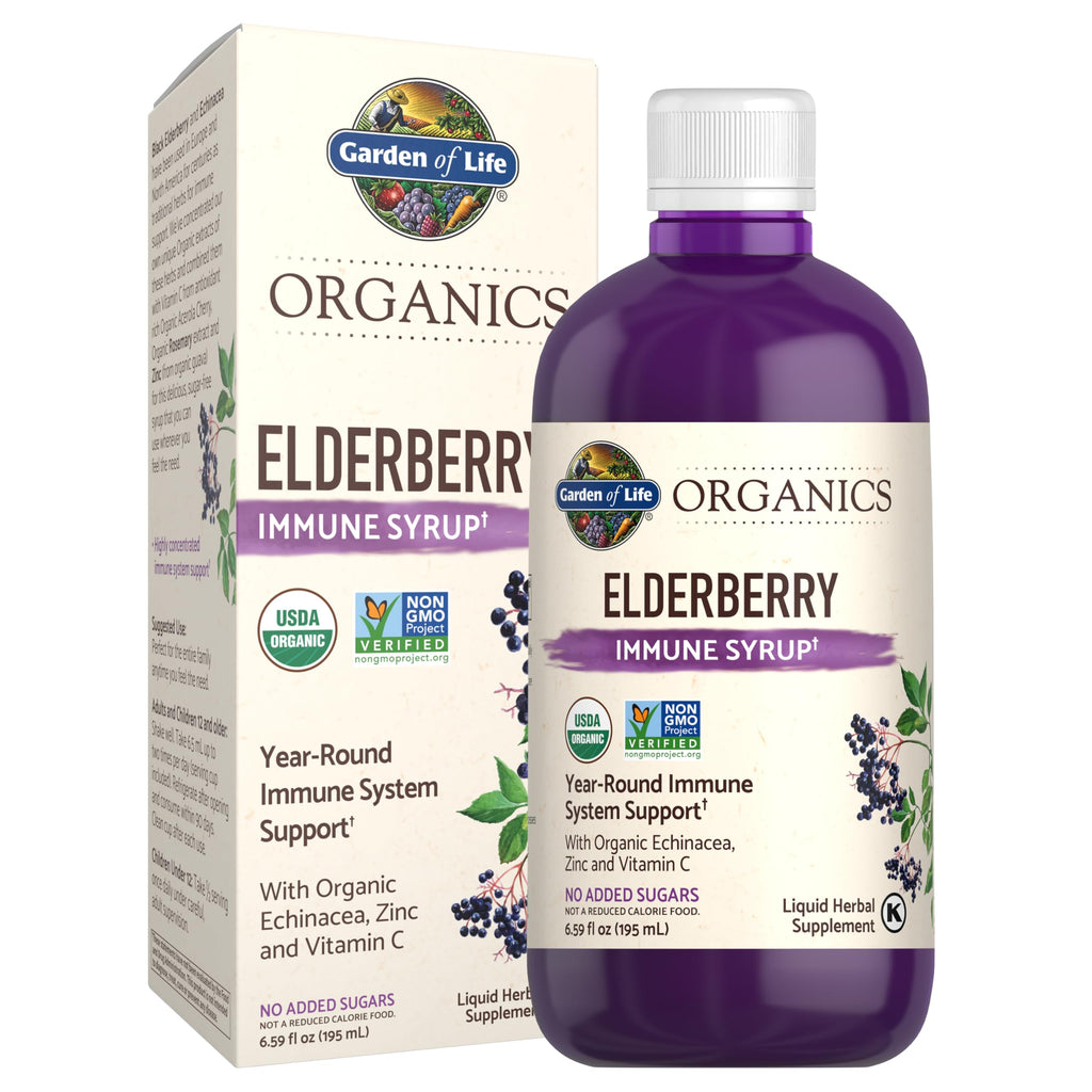 Garden of Life Organics Elderberry Immune Syrup – Sugar Free, 6.59 floz (195 mL) for Kids & Adults